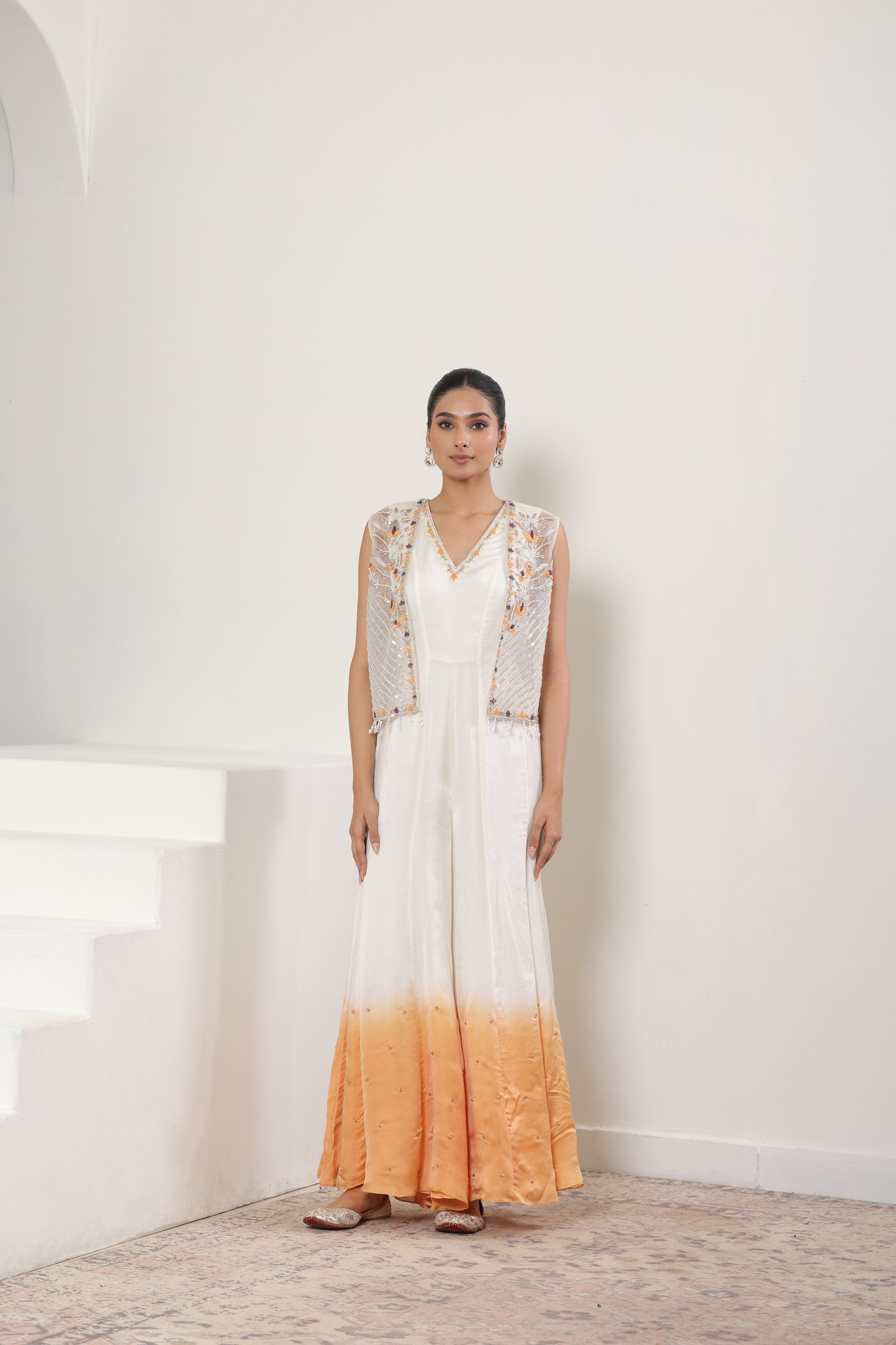 Ivory with Orange Satin Organza Jumpsuit with cape – Occasional Wear