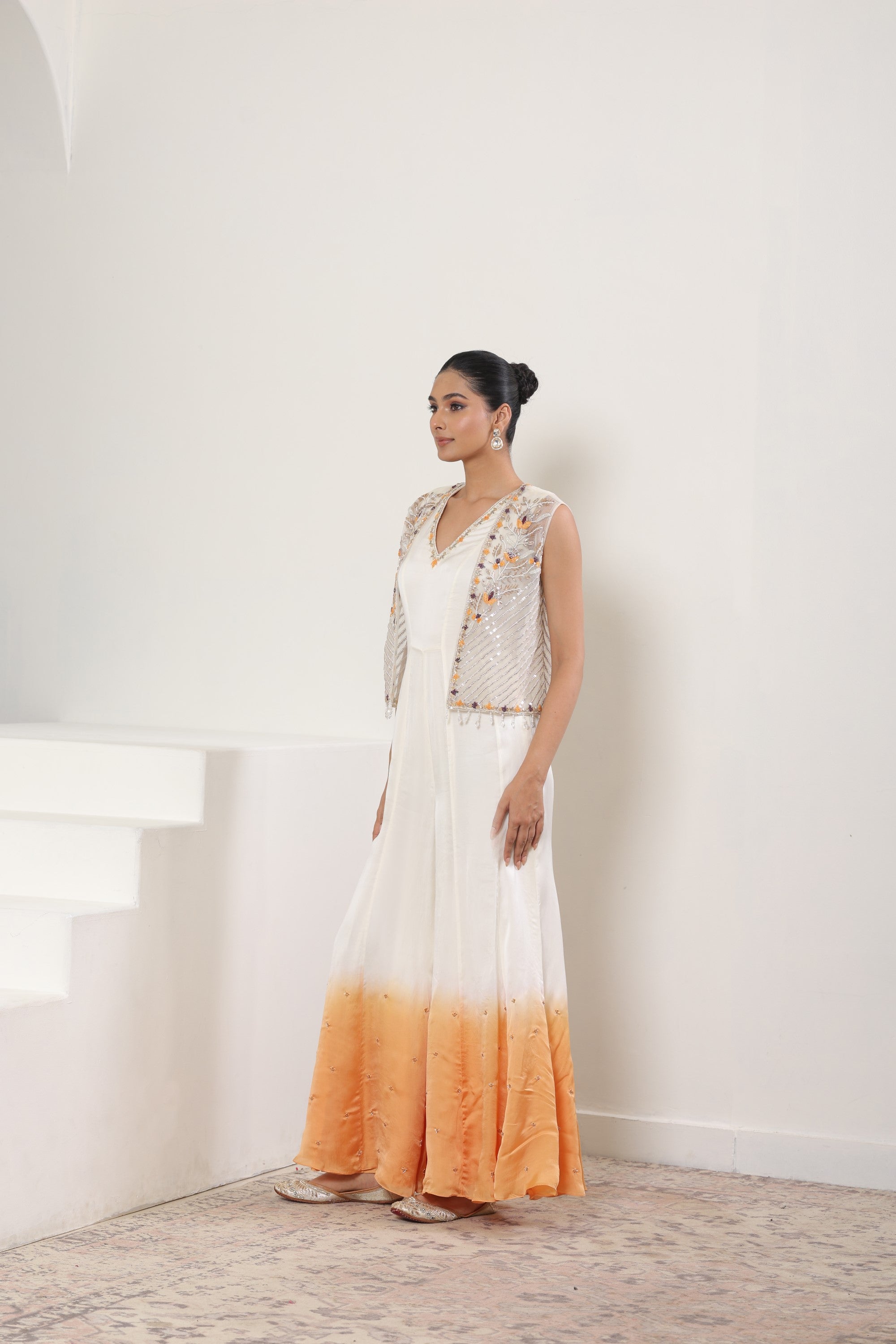 Ivory with Orange Satin Organza Jumpsuit with cape – Occasional Wear