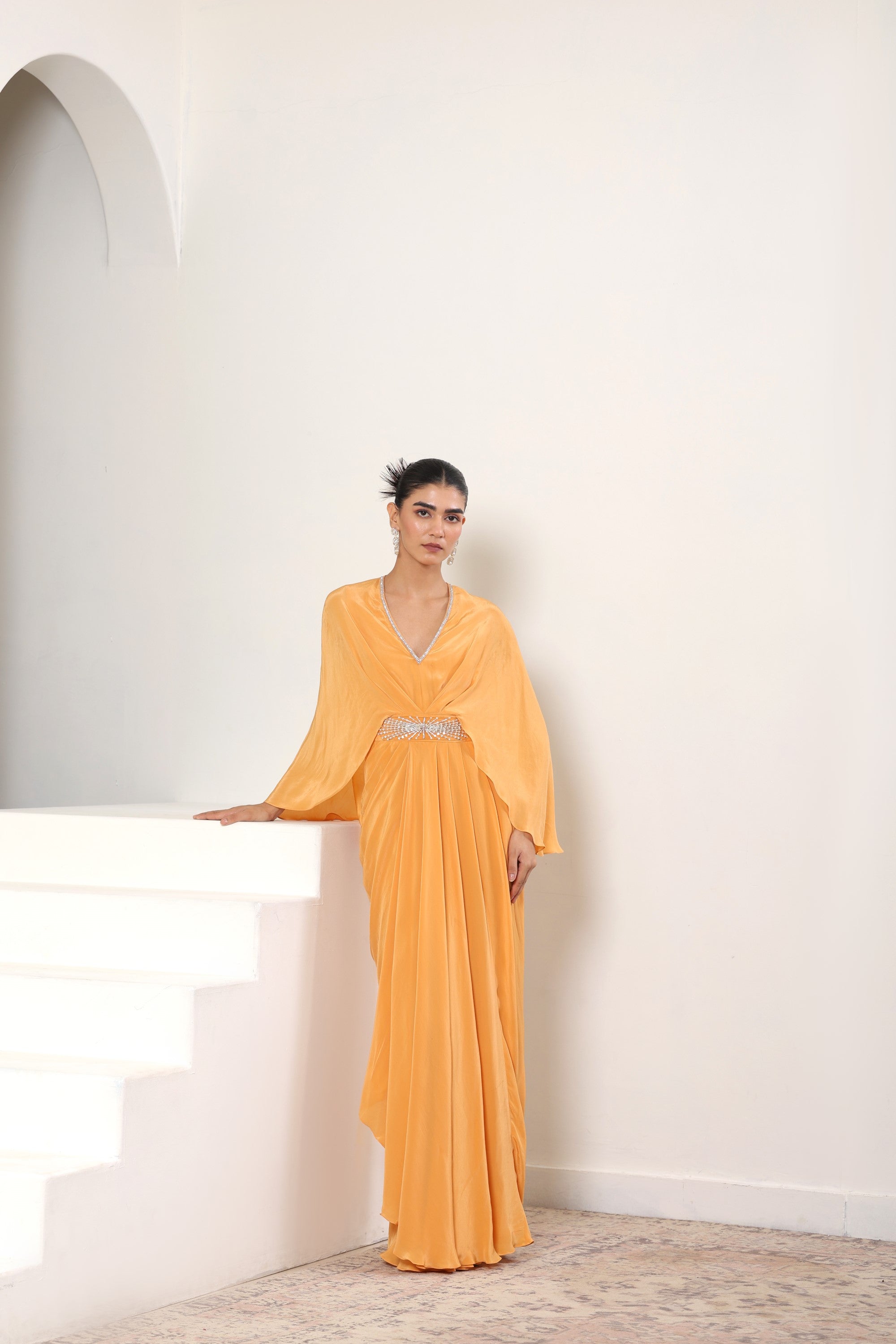 Orange Crepe Embroidered Kaftan – Luxury Evening Wear