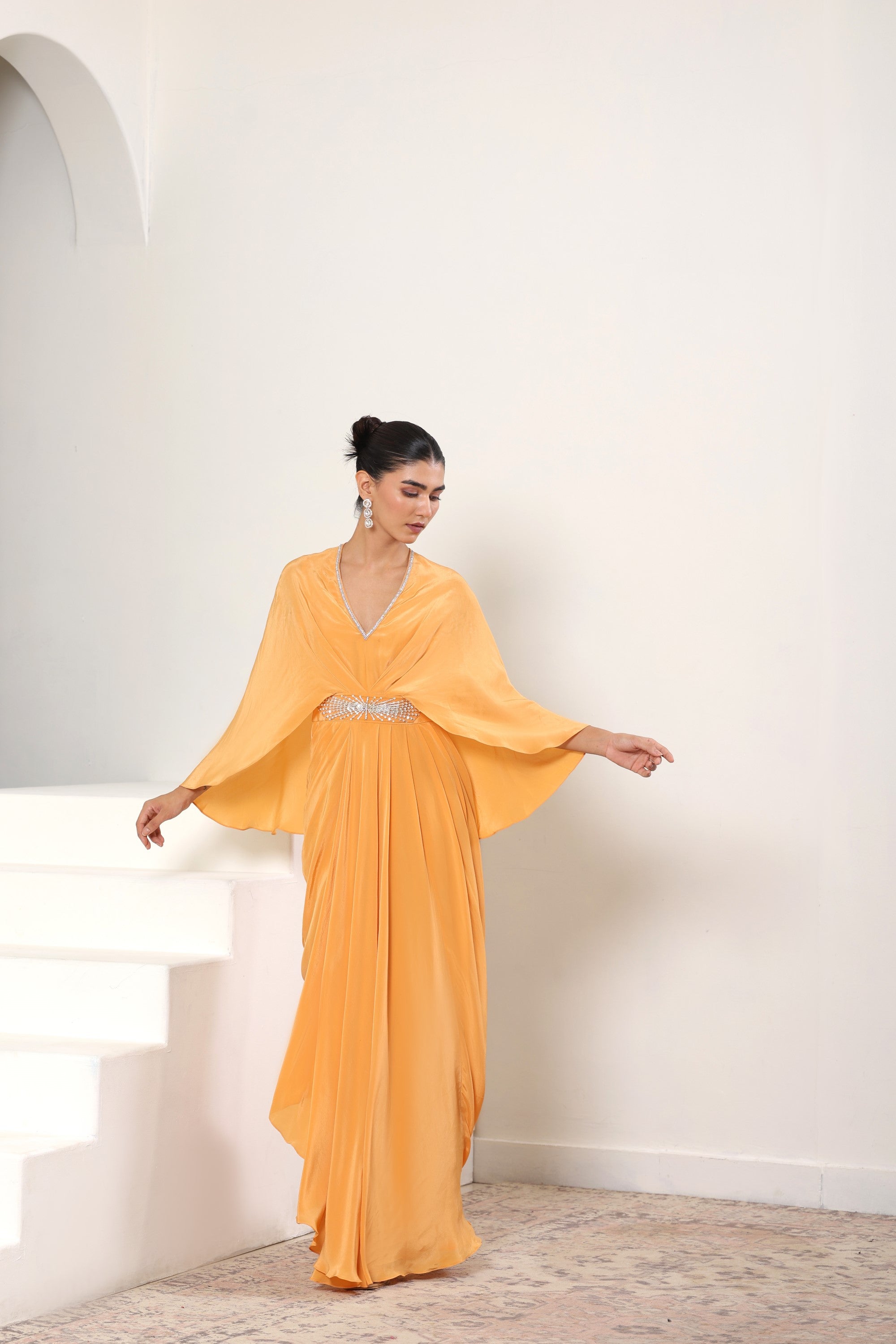 Orange Crepe Embroidered Kaftan – Luxury Evening Wear