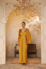 Yellow Crepe V- Neck Embroiderd Kaftan – Handcrafted Festive Wear