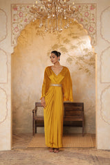 Yellow Crepe V- Neck Embroiderd Kaftan – Handcrafted Festive Wear