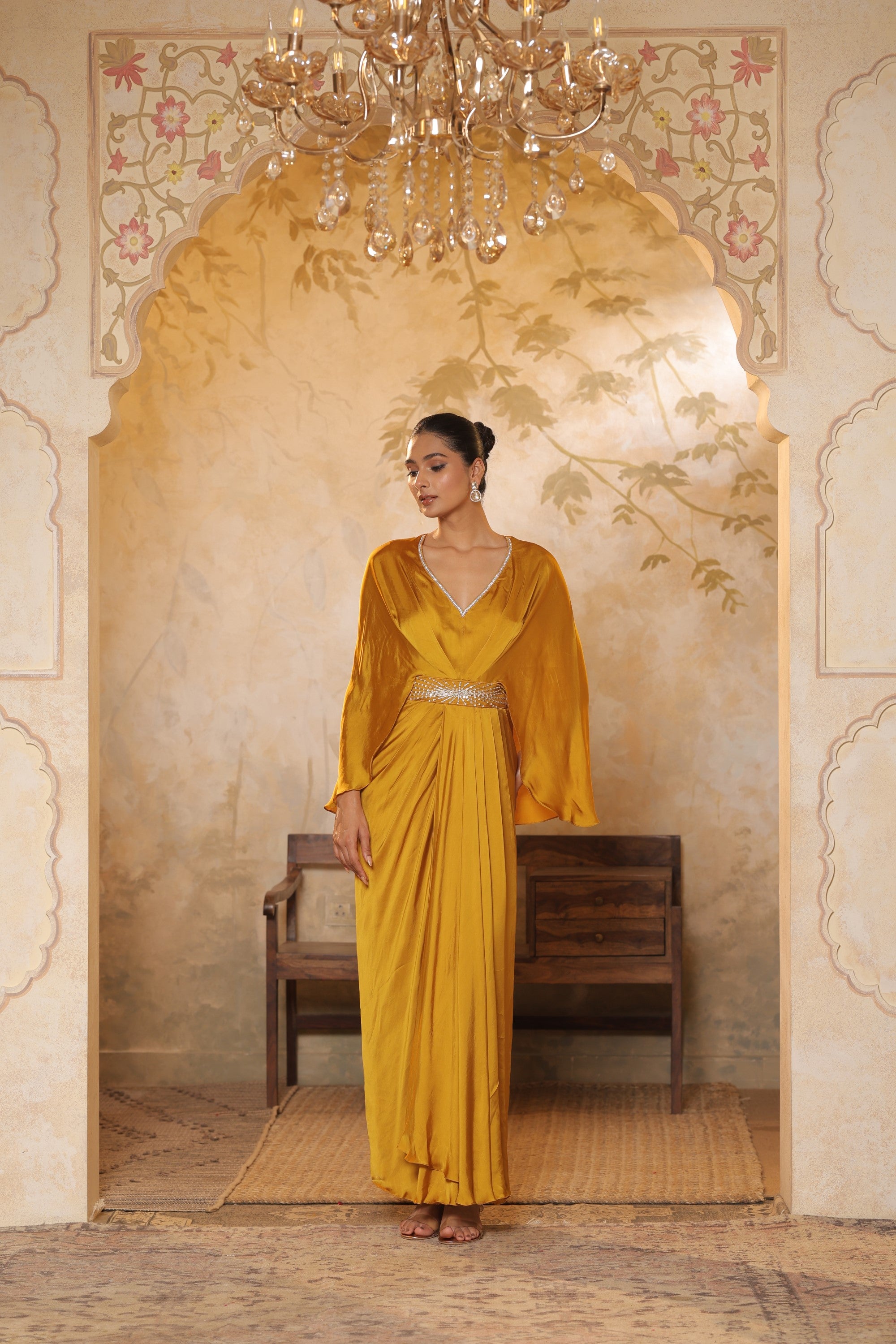 Yellow Crepe V- Neck Embroiderd Kaftan – Handcrafted Festive Wear