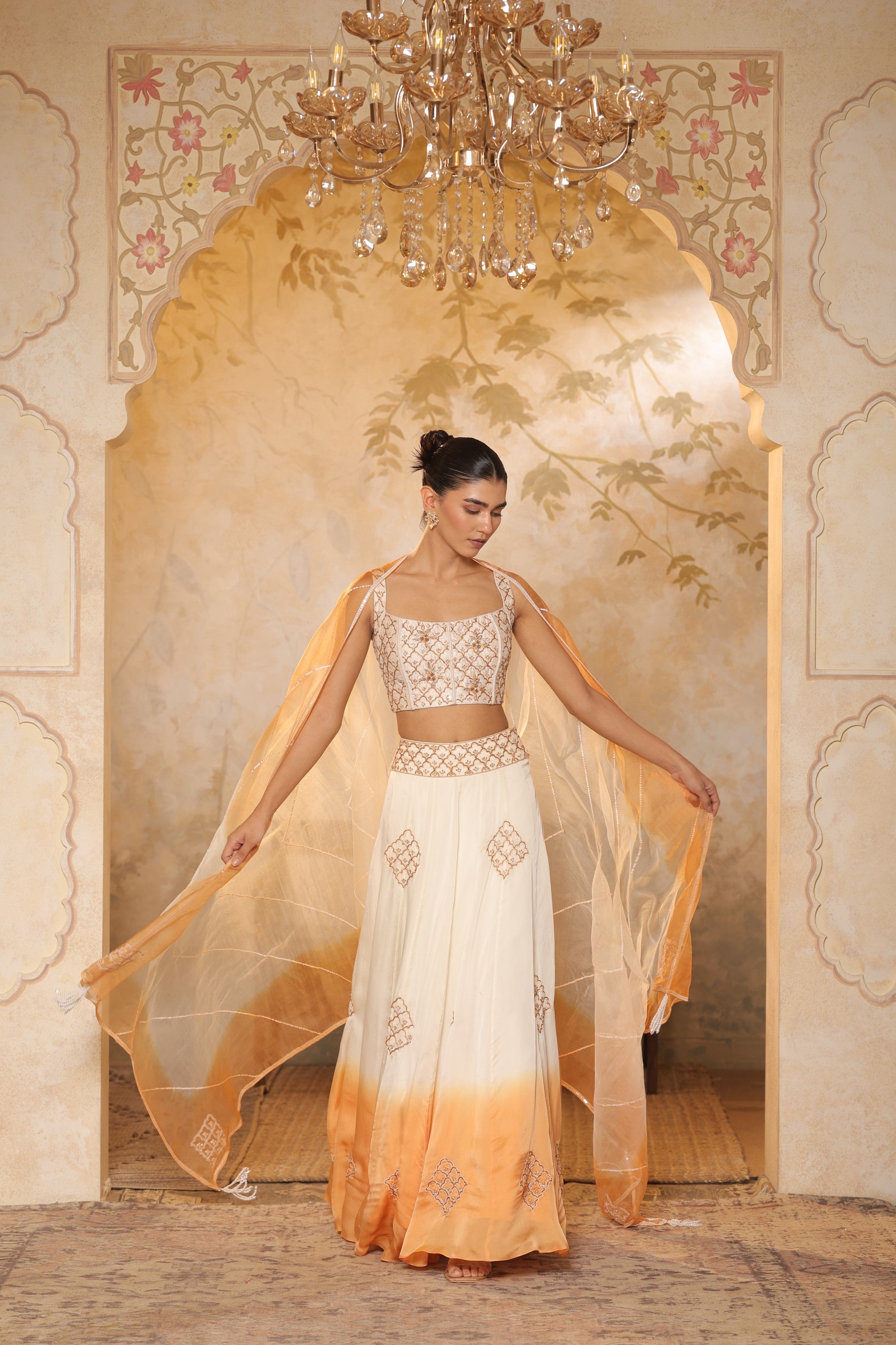 Ivory-Orange Embroidered raw silk top & Organza Lehenga - Festive wear