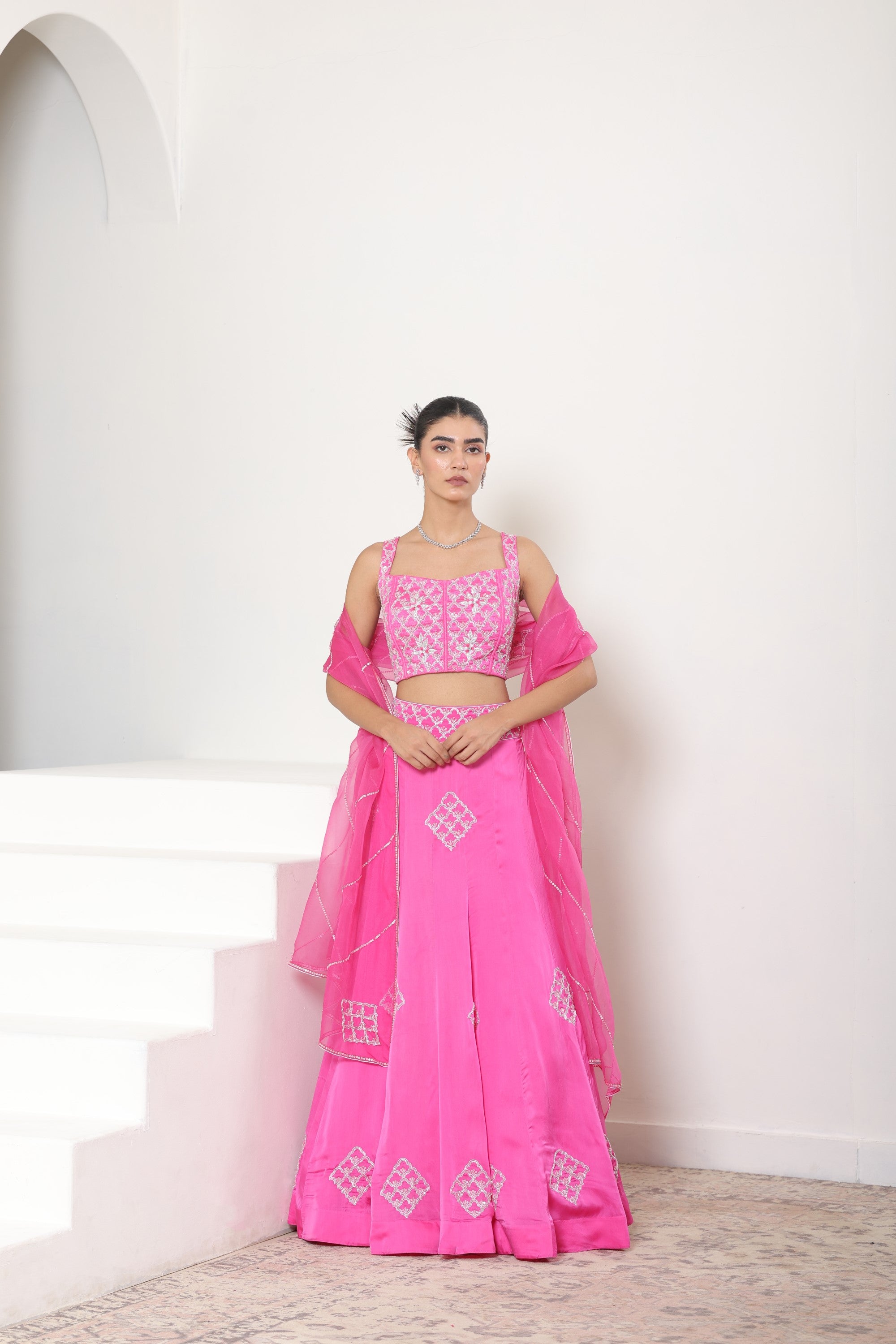 Pink Satin Organza Embroiderd Lehenga Set - Premium Reception Wear