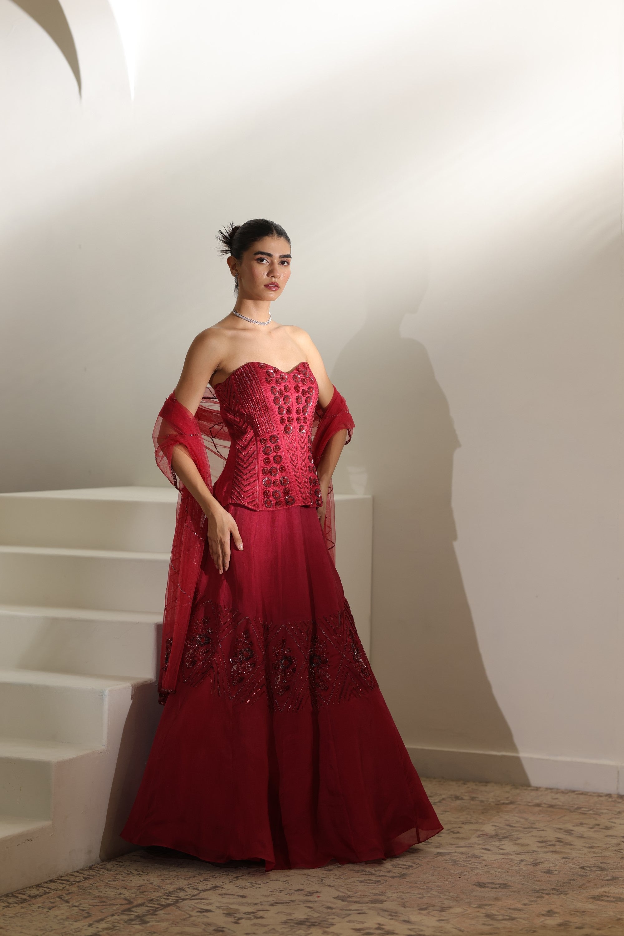 Burgundy Raw Silk & Organza Embroidered Lehenga - Elegant Bridal Wear