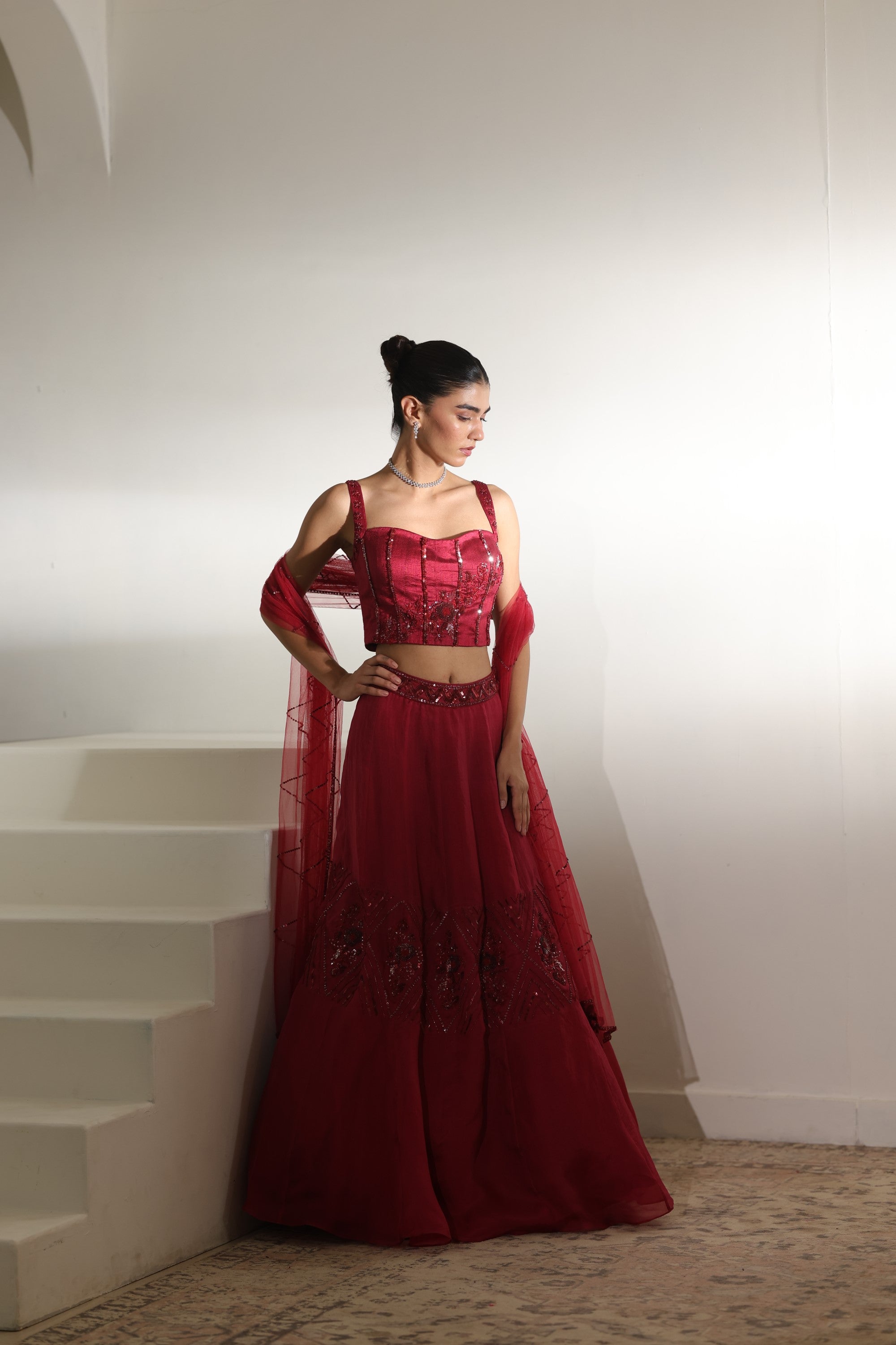 Burgundy Organza Hand Embroidered Lehenga - Elegant Wedding Wear