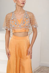Orange Satin Organza Embroidered Sharara & Cape Set - Festive Wear