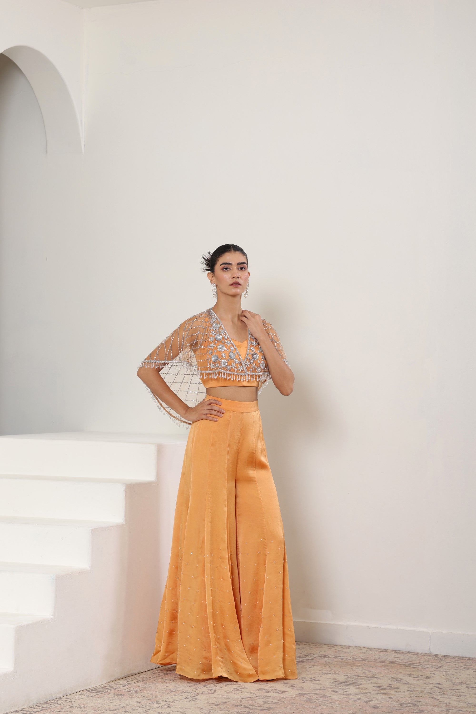 Orange Satin Organza Embroidered Sharara & Cape Set - Festive Wear