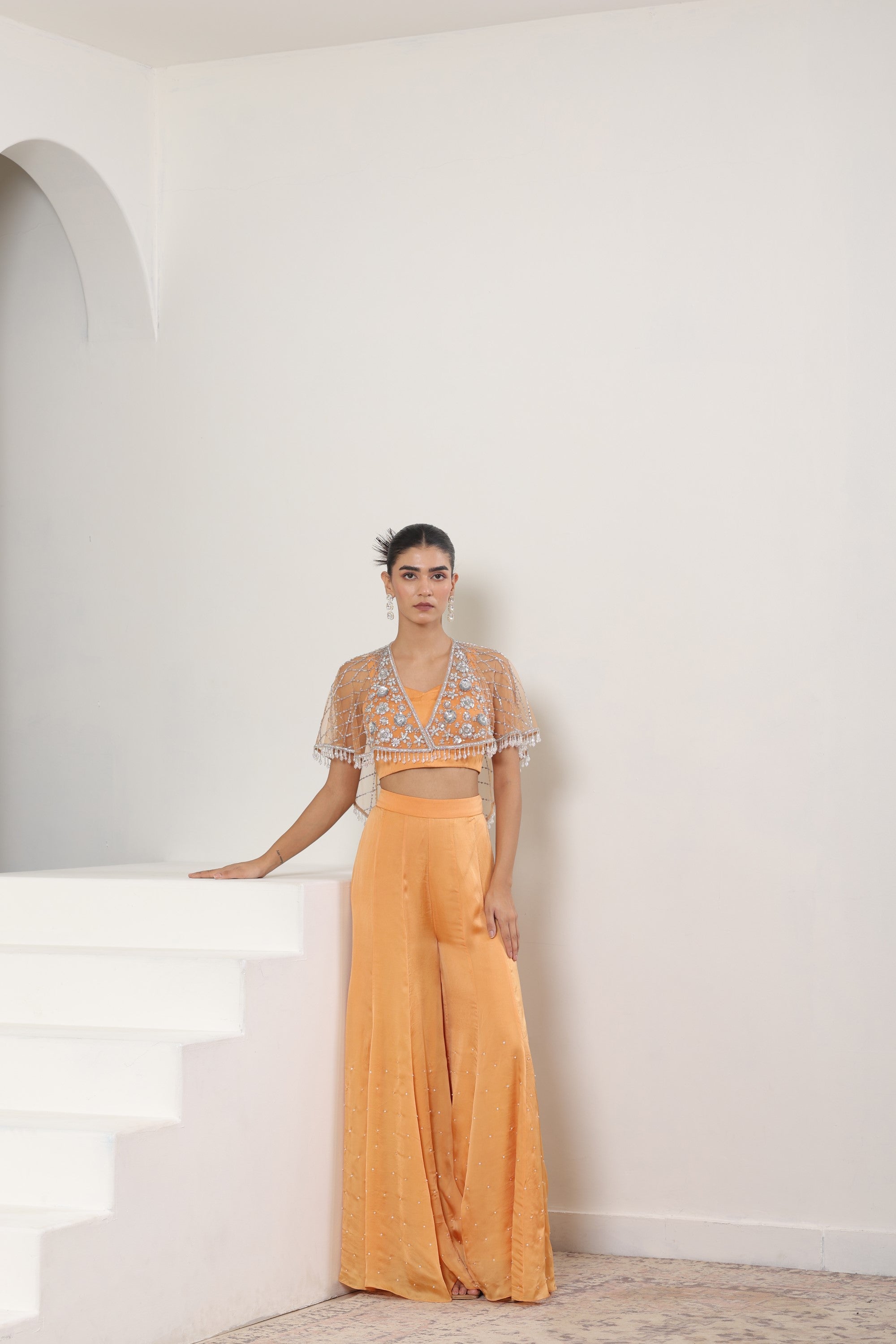 Orange Satin Organza Embroidered Sharara & Cape Set - Festive Wear