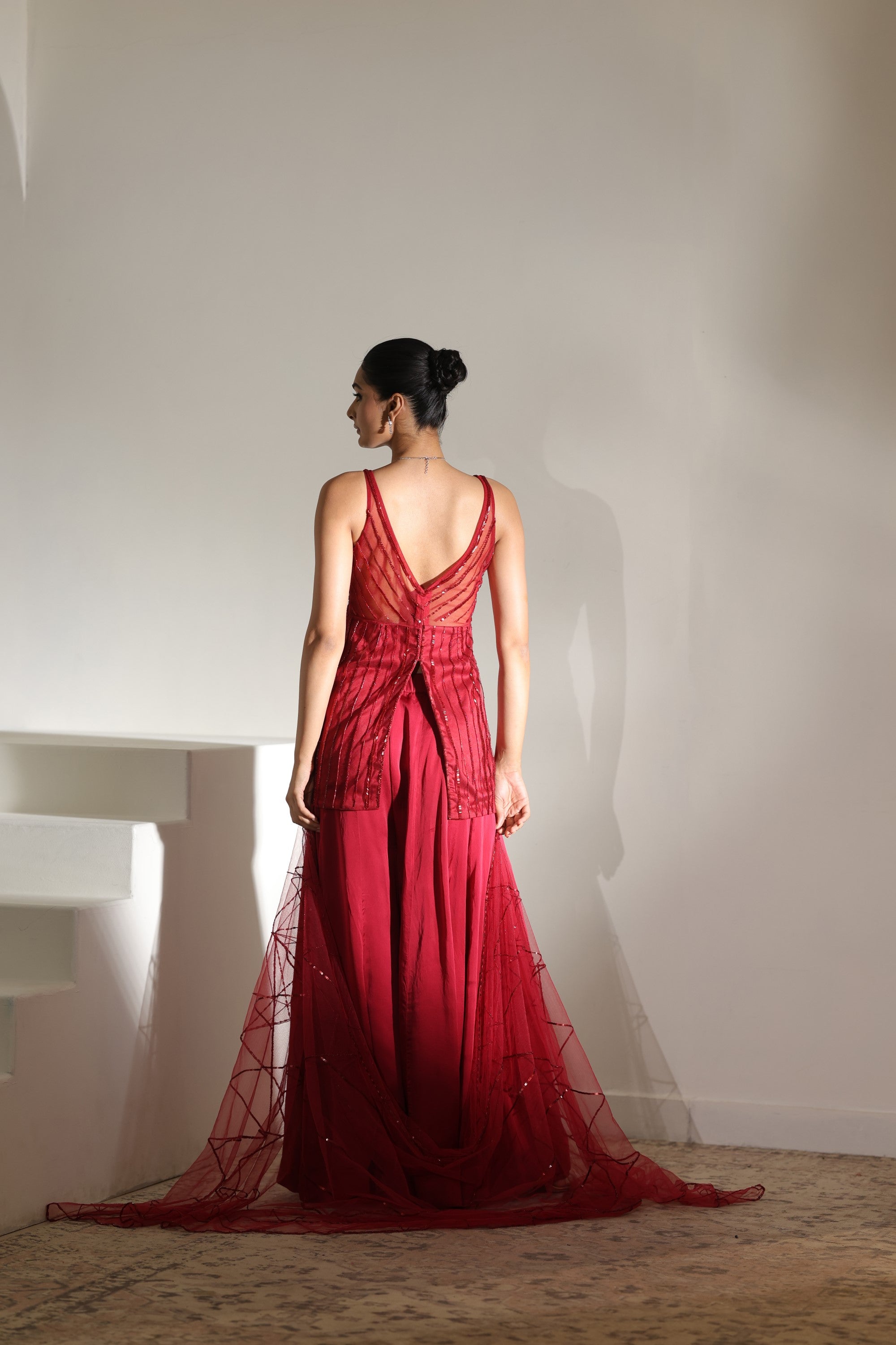 Burgundy Satin Organza Sharara with Embroidered Coreset - Wedding Wear