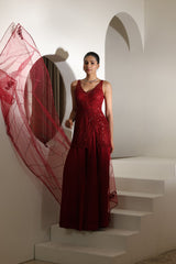 Burgundy Satin Organza Sharara with Embroidered Coreset - Wedding Wear