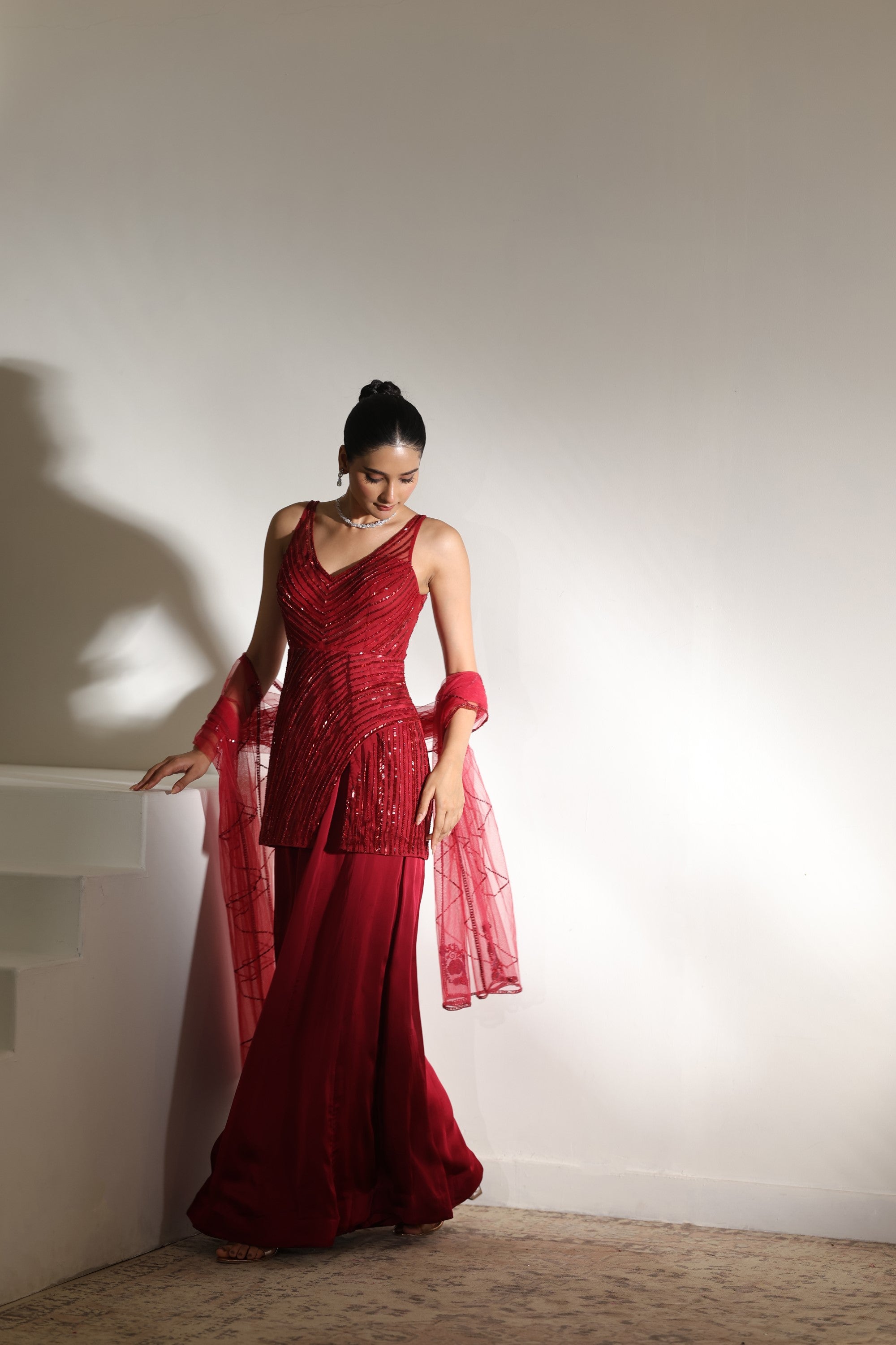 Burgundy Satin Organza Sharara with Embroidered Coreset - Wedding Wear