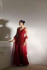 Burgundy Satin Organza Sharara with Embroidered Coreset - Wedding Wear