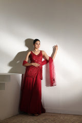 Burgundy Satin Organza Sharara with Embroidered Coreset - Wedding Wear