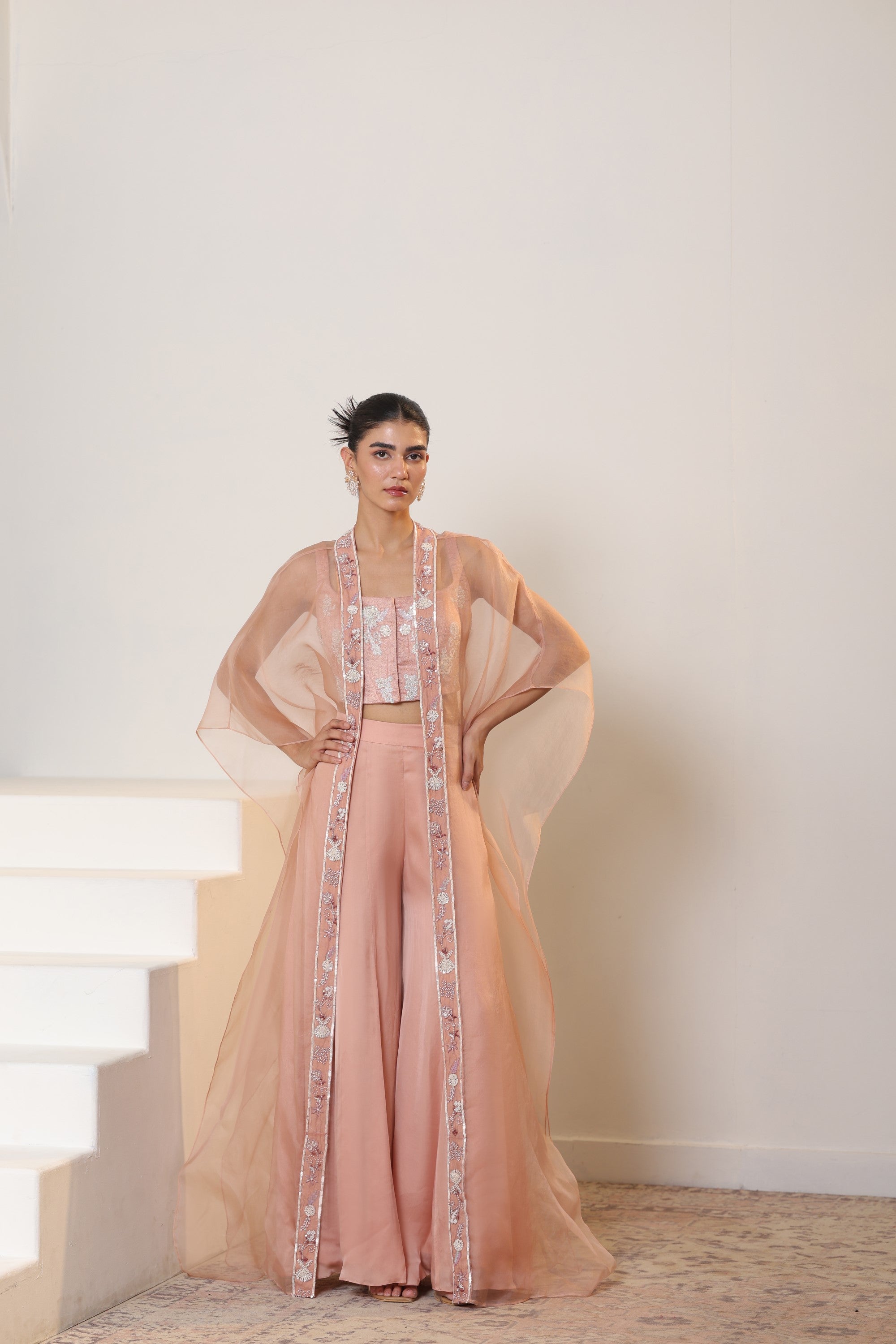 Pale Dogwood Raw Silk & Organza Sharara Set - Handcrafted Festive Wear