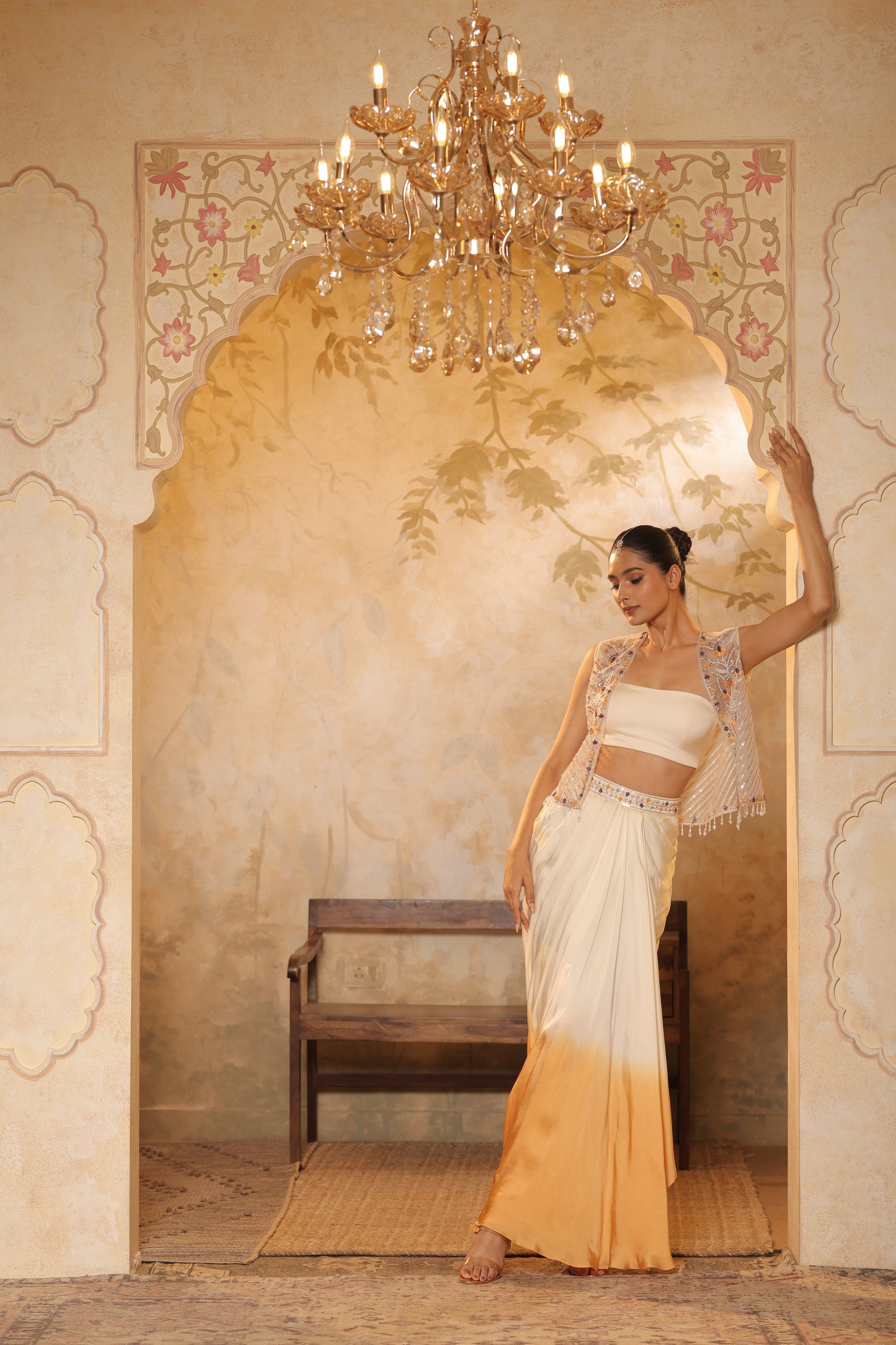 Ivory-Orange Crepe Hand Embroidered Skirt Dress - Elegant Festive Wear