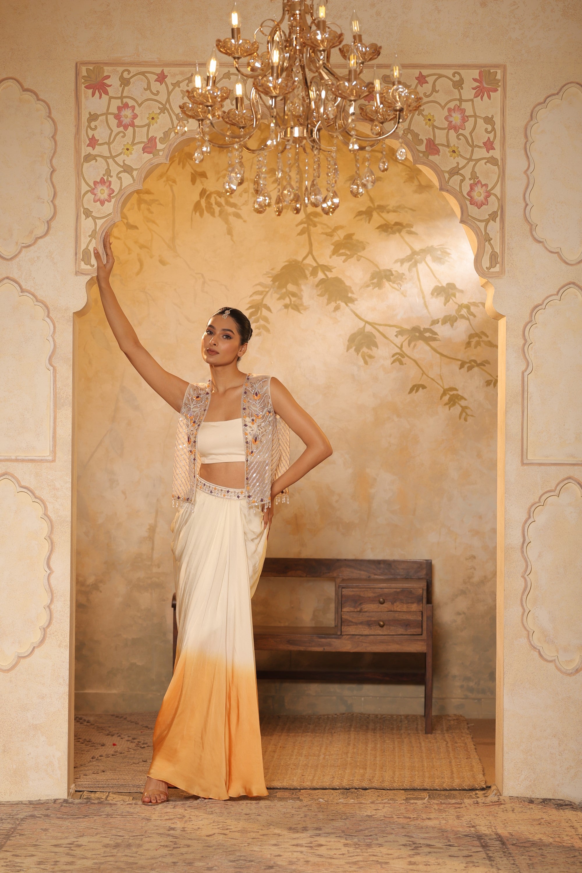 Ivory-Orange Crepe Hand Embroidered Skirt Dress - Elegant Festive Wear