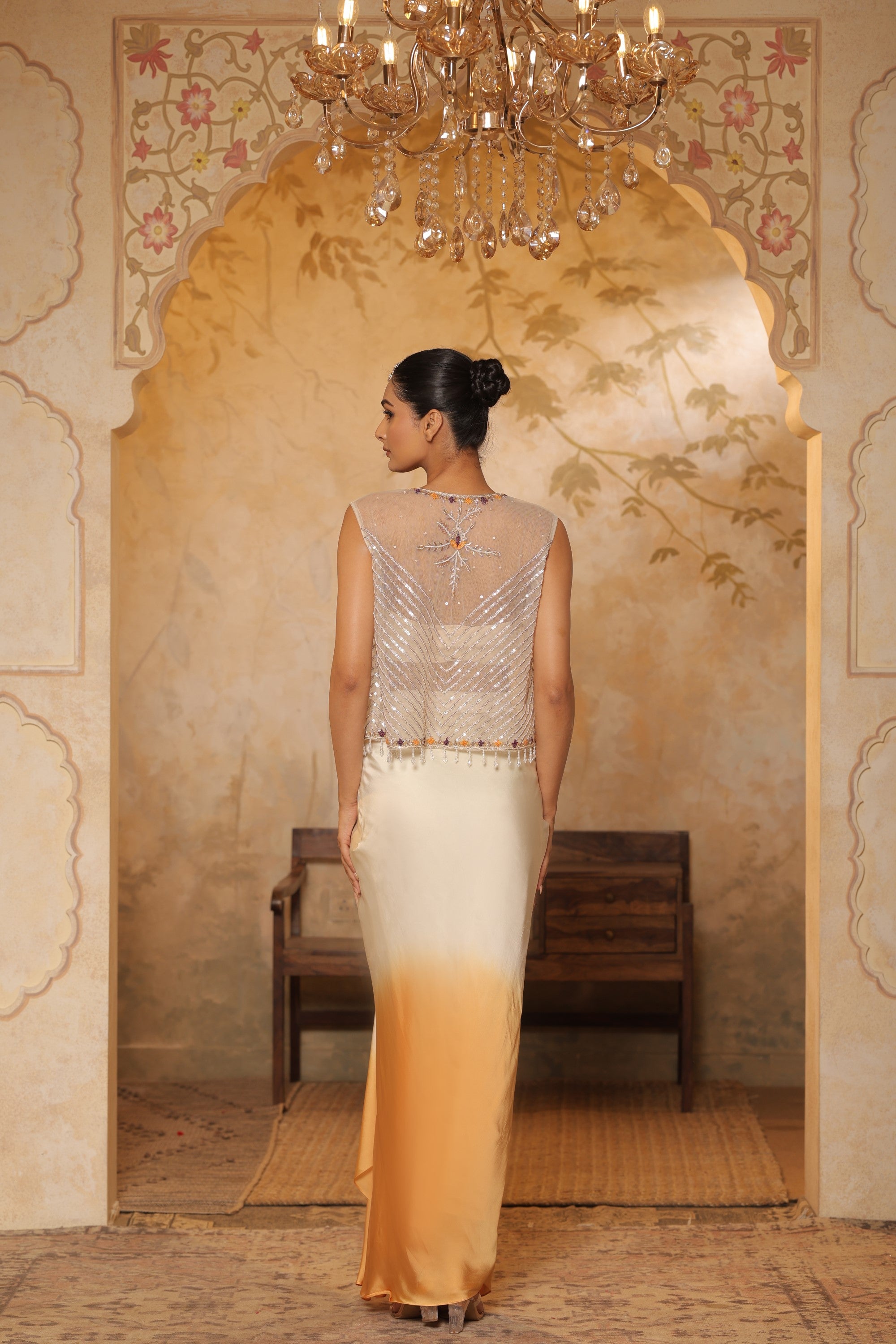 Ivory-Orange Crepe Hand Embroidered Skirt Dress - Elegant Festive Wear