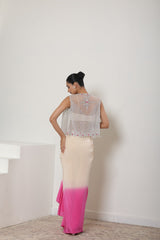 Ivory-Pink Viscose Crepe Pre Draped Skirt Dress- Premium Occasion Wear