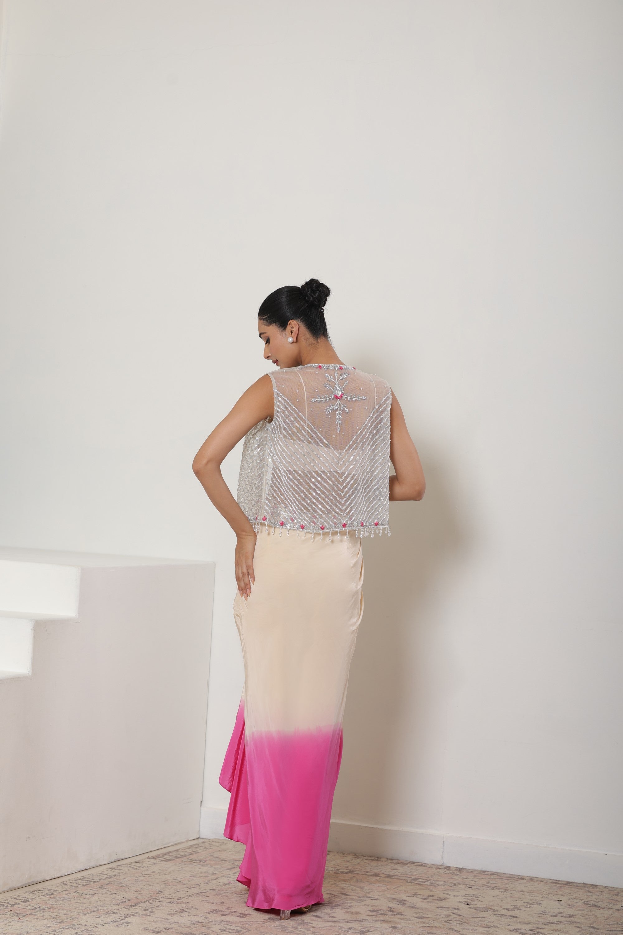 Ivory-Pink Viscose Crepe Pre Draped Skirt Dress- Premium Occasion Wear