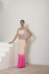 Ivory-Pink Viscose Crepe Pre Draped Skirt Dress- Premium Occasion Wear