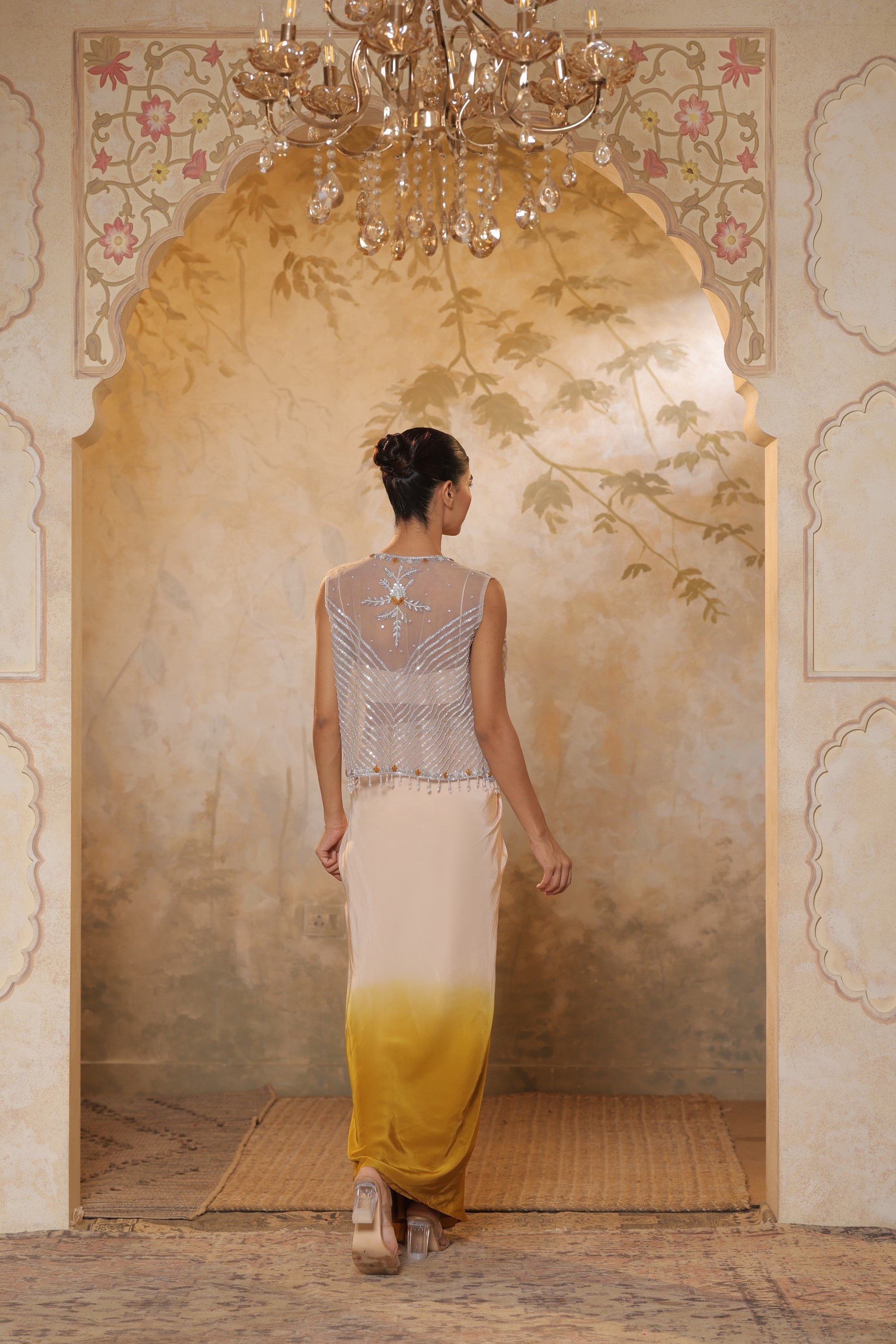 Ivory-Yellow Crepe Hand Crafted Draped Skirt Set - Luxury Evening Wear