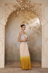 Ivory-Yellow Crepe Hand Crafted Draped Skirt Set - Luxury Evening Wear