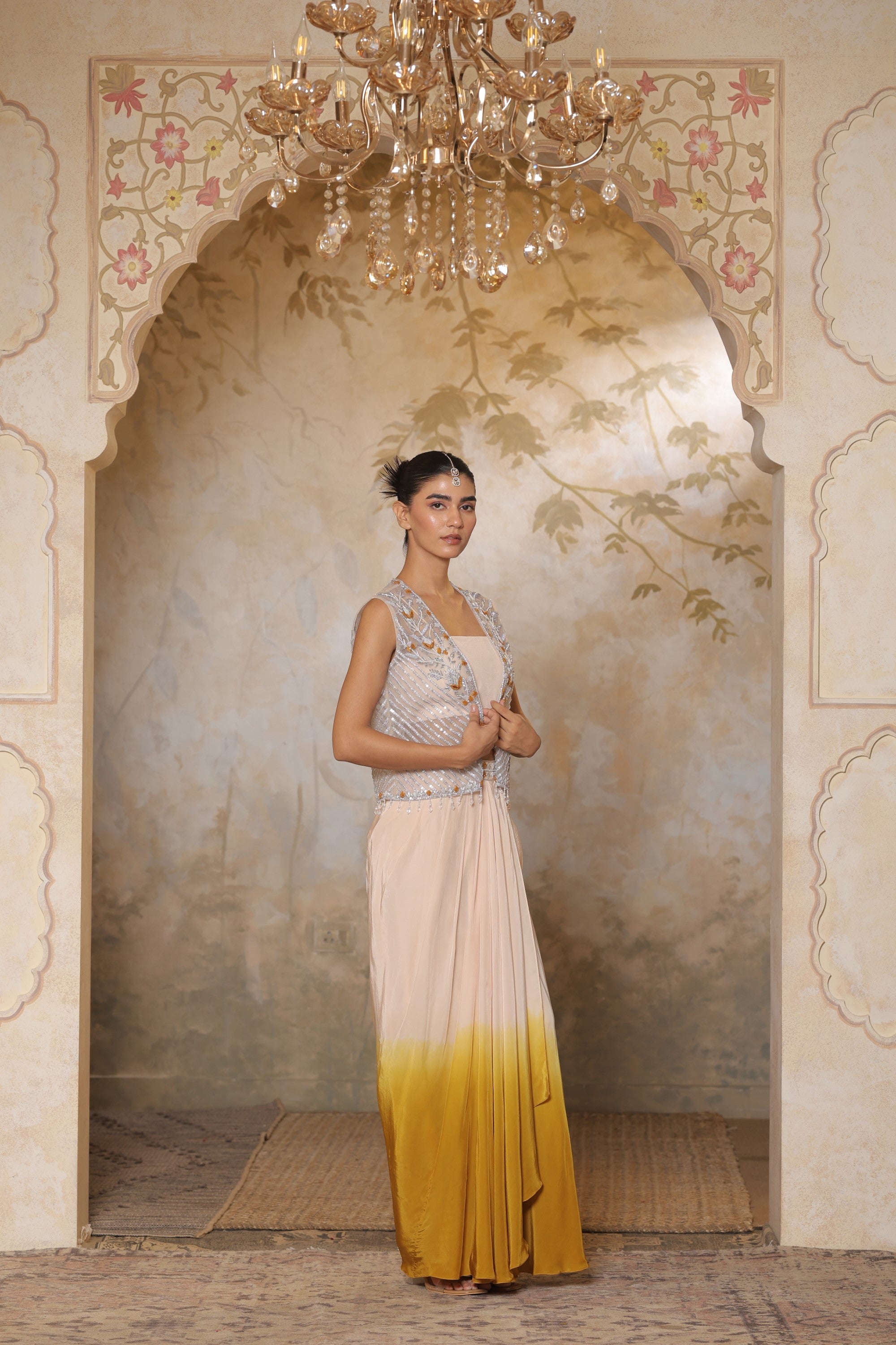 Ivory-Yellow Crepe Hand Crafted Draped Skirt Set - Luxury Evening Wear