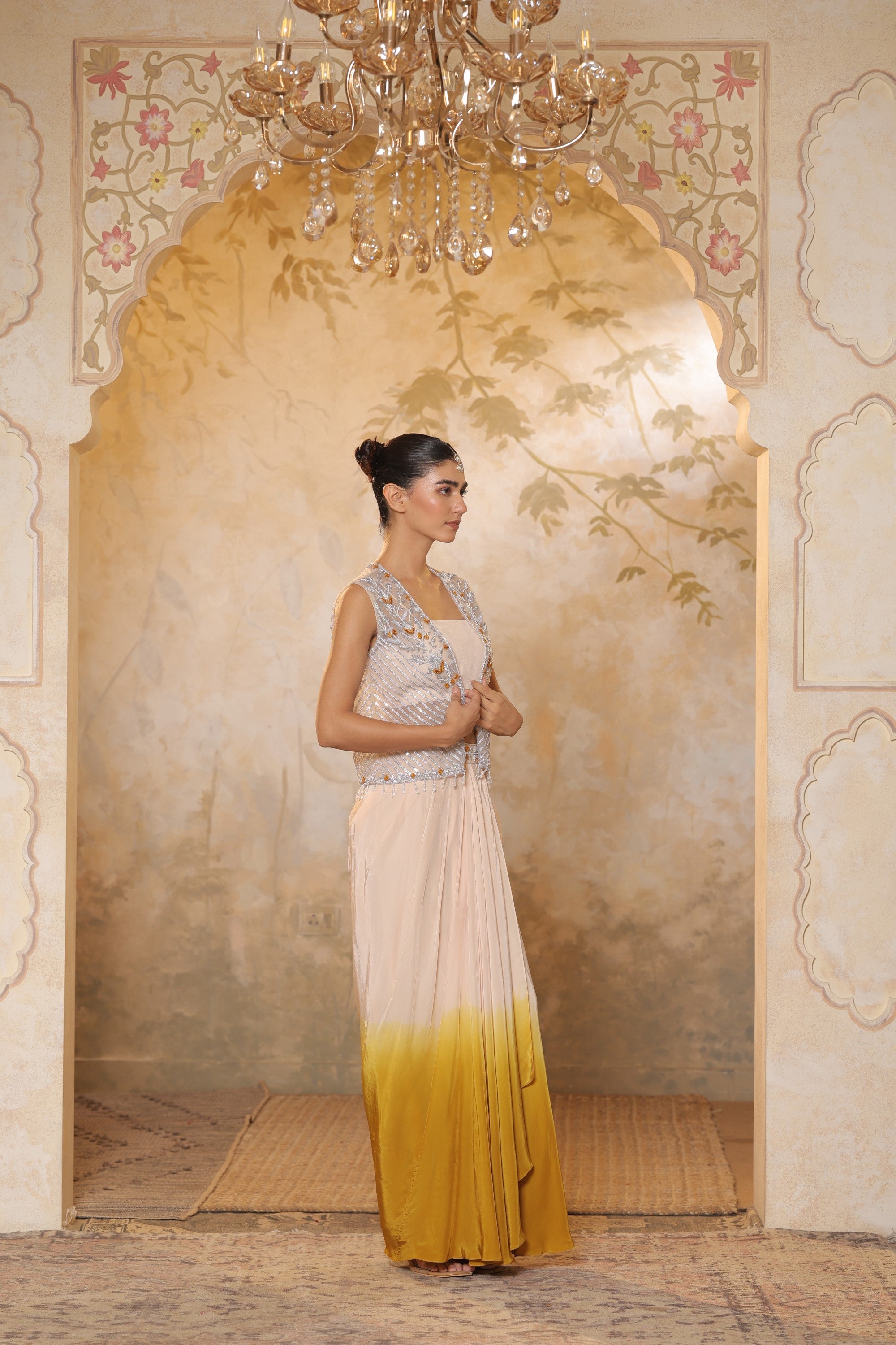 Ivory-Yellow Crepe Hand Crafted Draped Skirt Set - Luxury Evening Wear