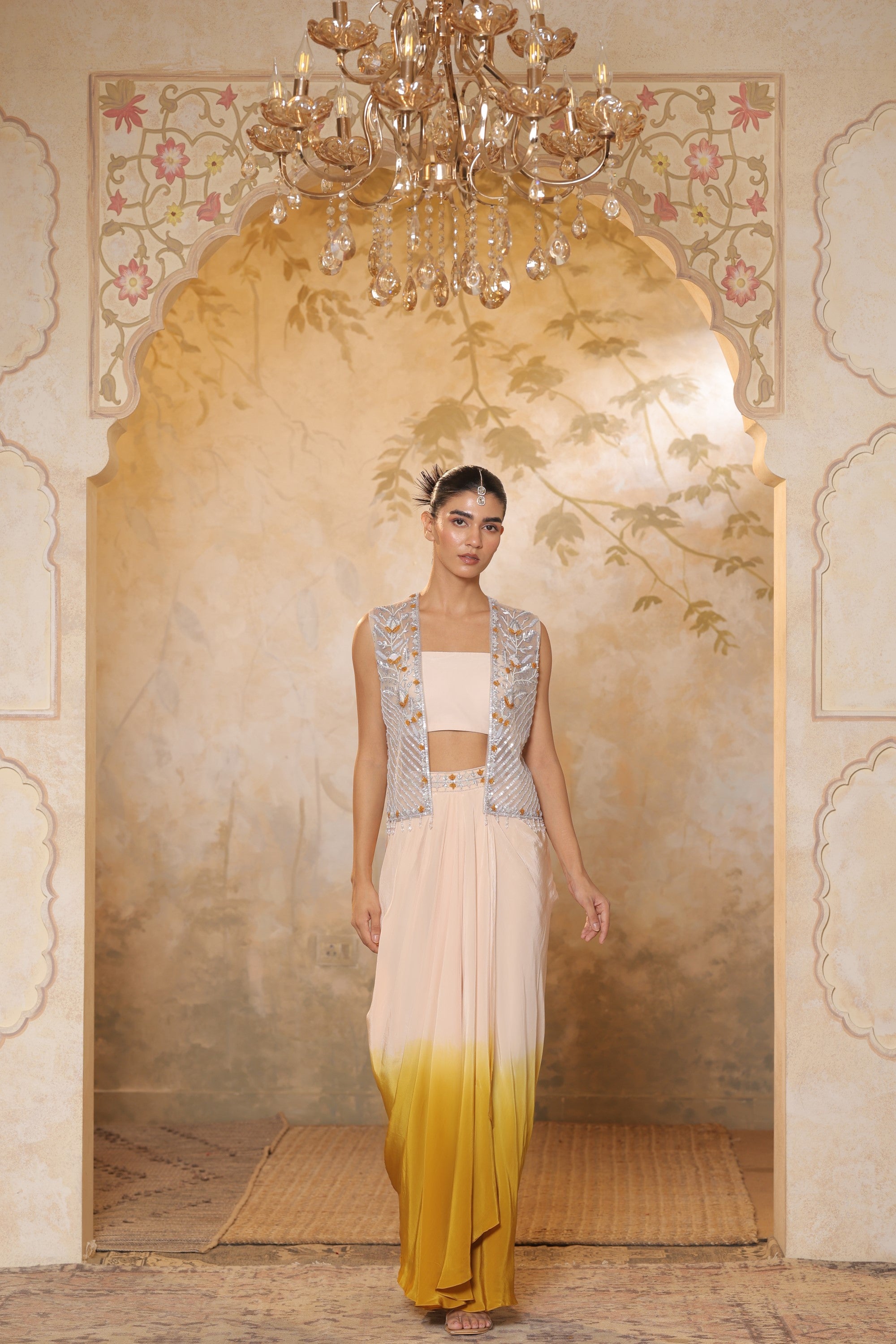 Ivory-Yellow Crepe Hand Crafted Draped Skirt Set - Luxury Evening Wear