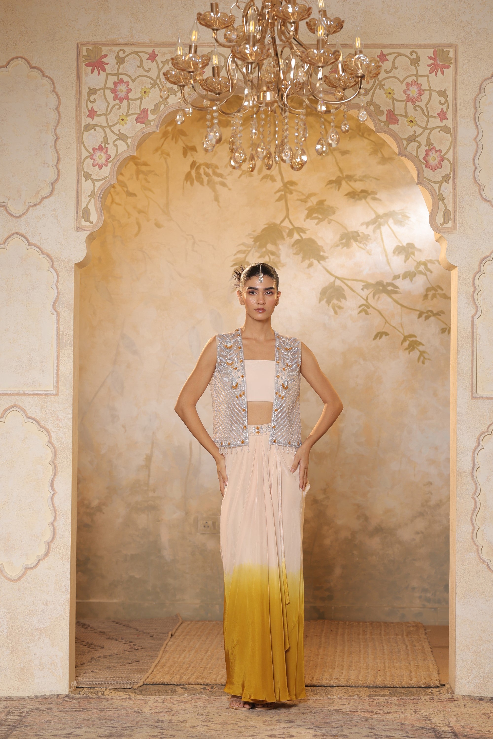 Ivory-Yellow Crepe Hand Crafted Draped Skirt Set - Luxury Evening Wear