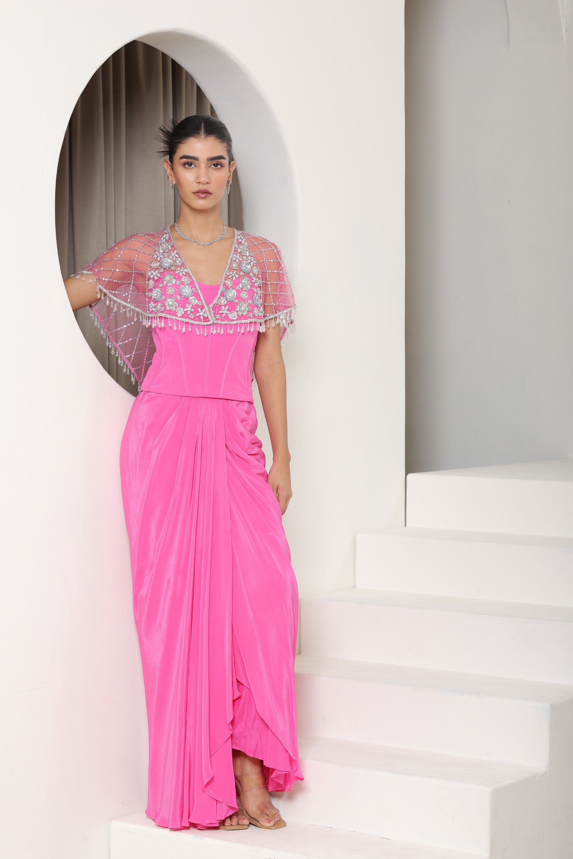 Ivory Yellow Satin Organza Sequence Work Jumpsuit - Premium Haldi Wear