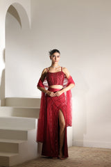 Burgundy Satin Embroiderd Western Skirt Set - Handcrafted Festive Wear