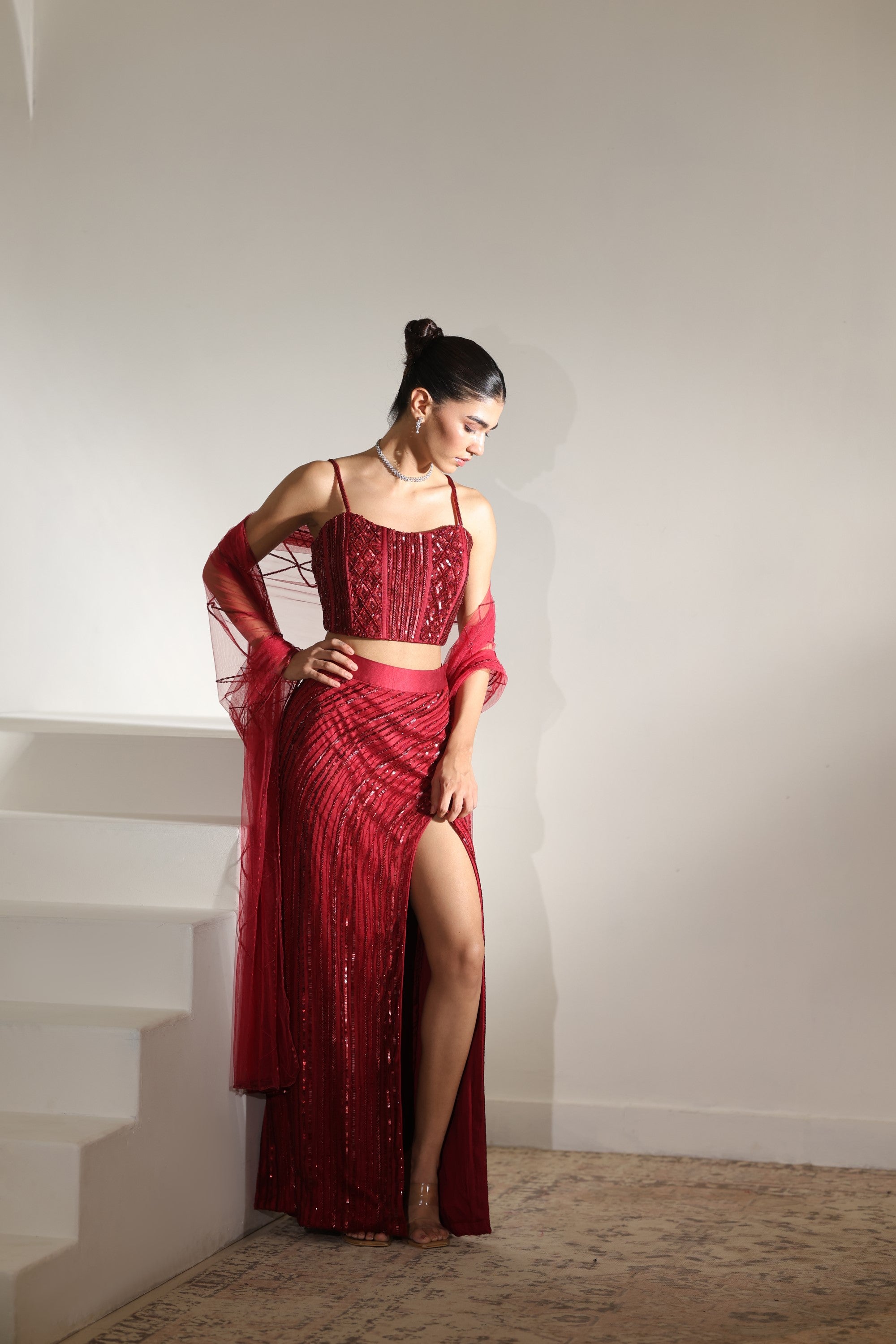 Burgundy Satin Embroiderd Western Skirt Set - Handcrafted Festive Wear