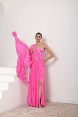 Hot Pink Hand Embroidered Crepe Saree - Premium Cocktail Wear