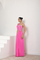 Hot Pink Hand Embroidered Crepe Saree - Premium Cocktail Wear
