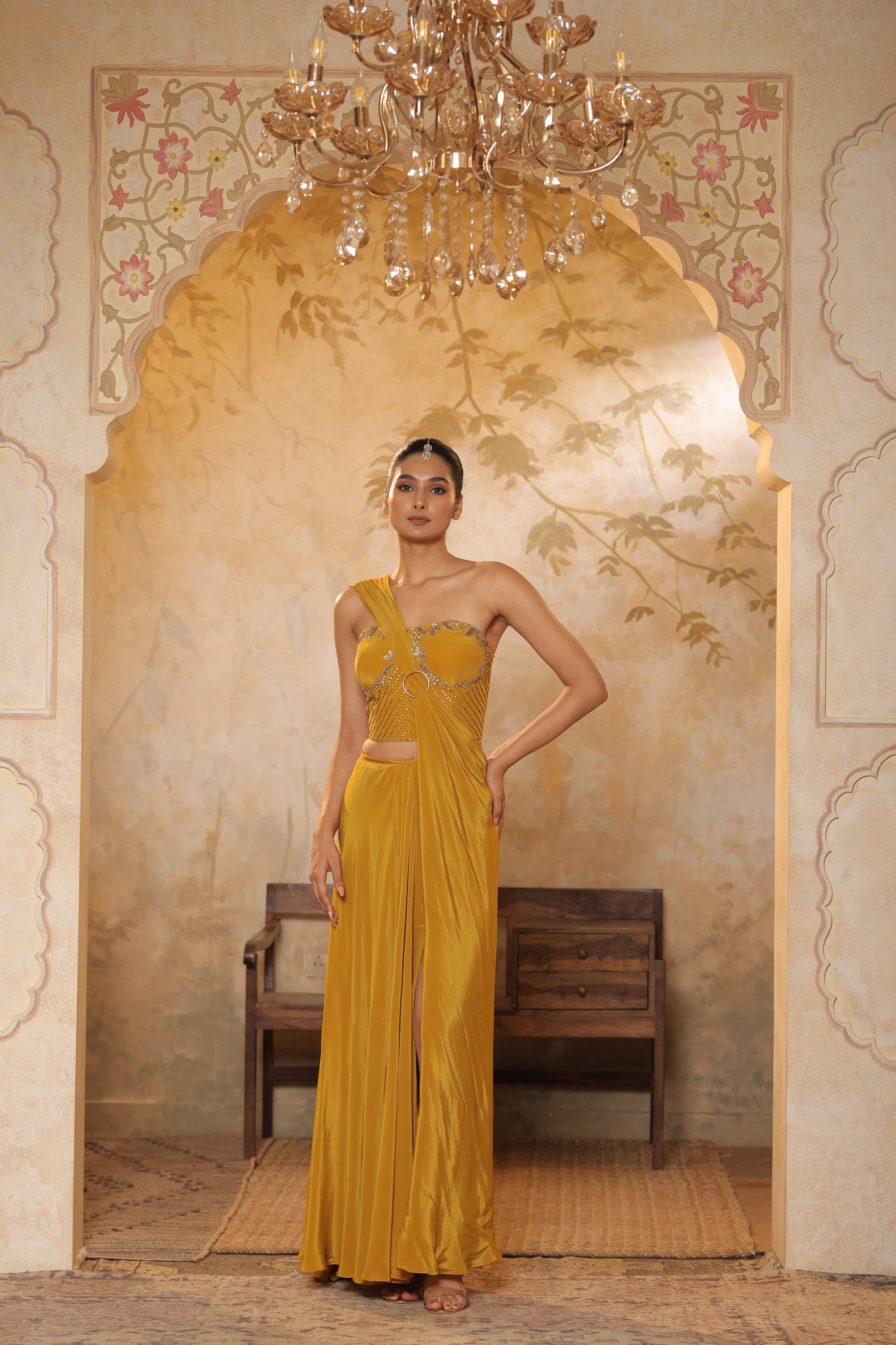 Golden Yellow Crepe Sharara Set - Embroiderd Haldi Wear