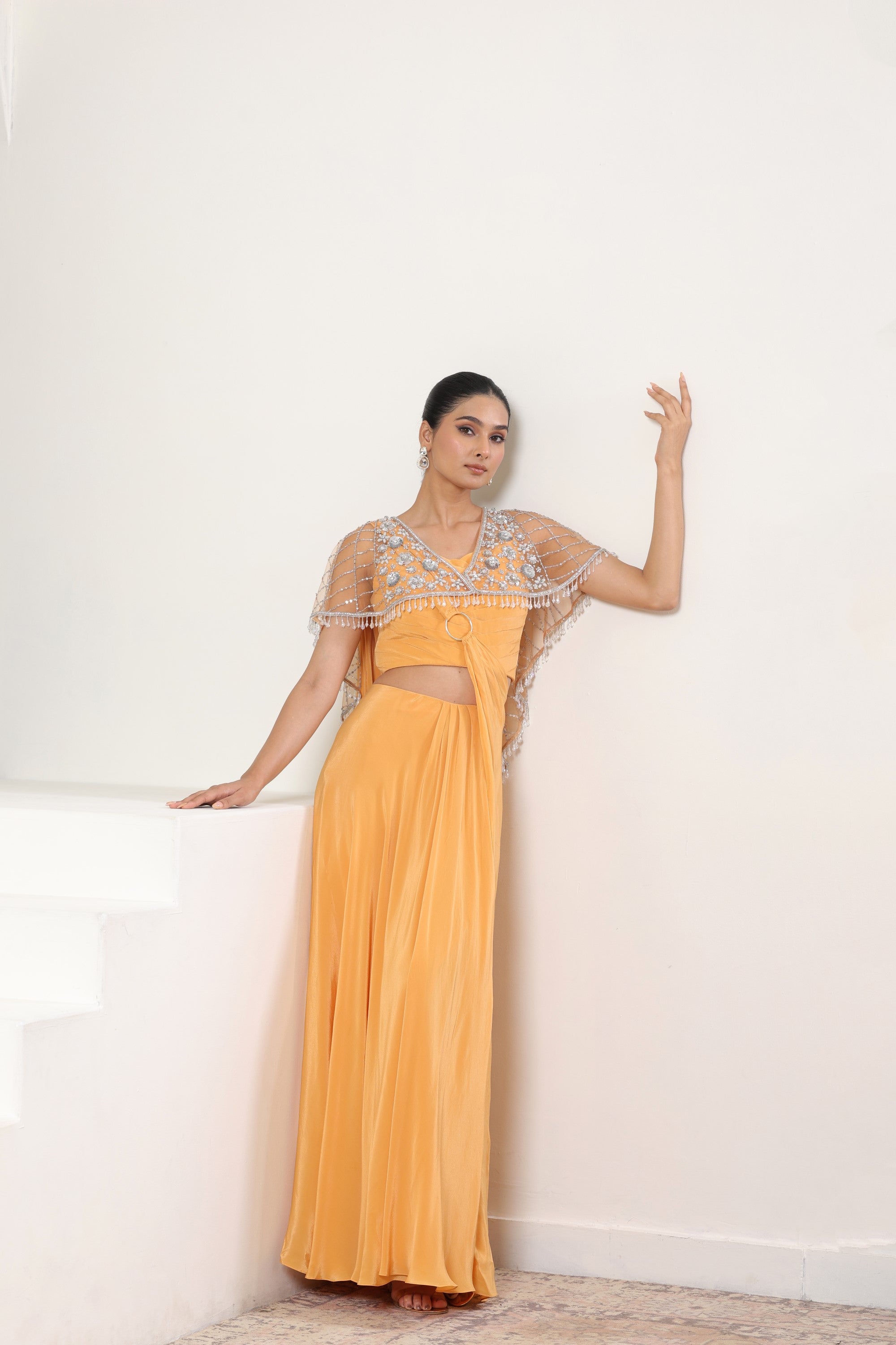 Orange Crepe Saree wih Embroidered Cape - Designer Sangeet Wear
