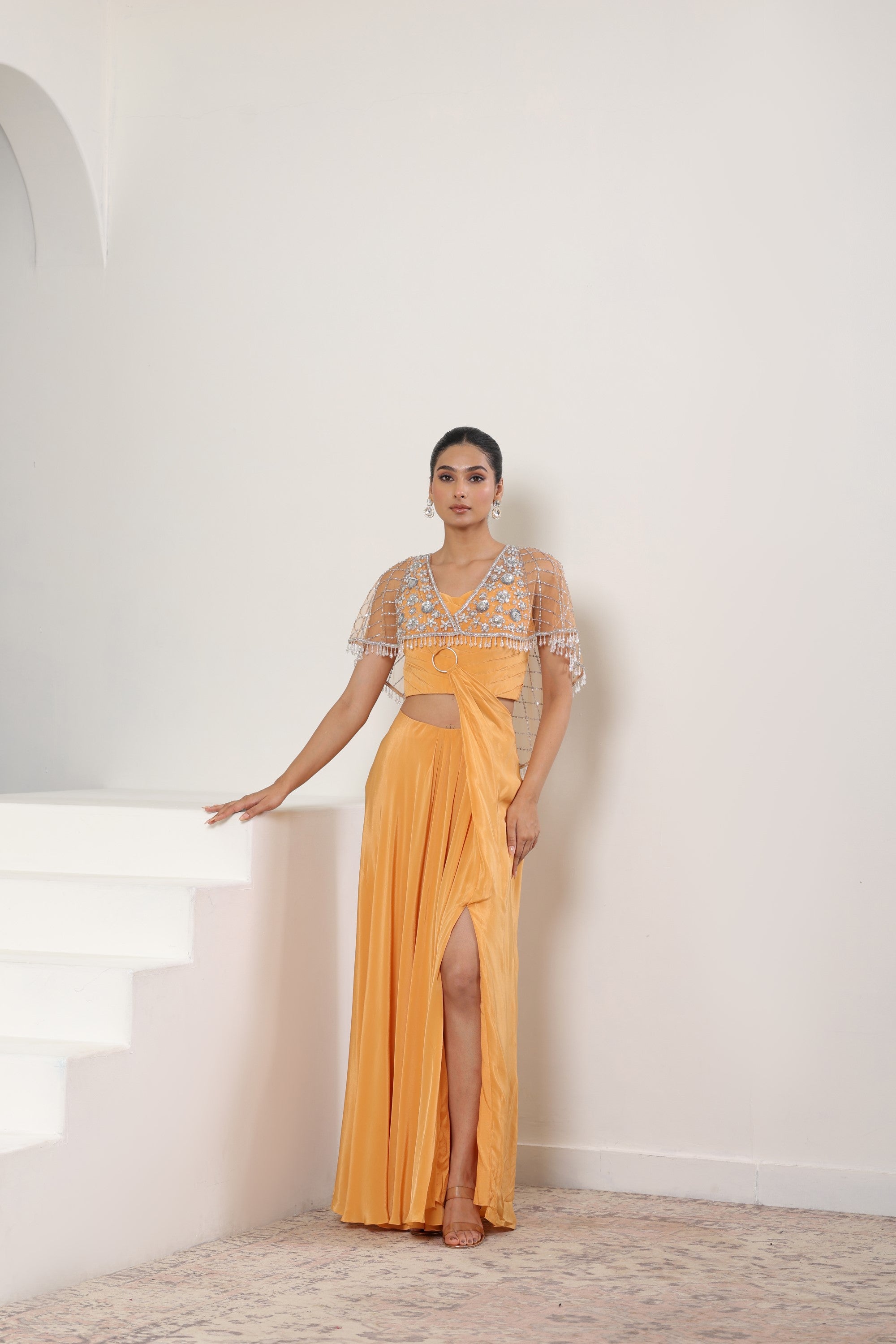 Orange Crepe Saree wih Embroidered Cape - Designer Sangeet Wear