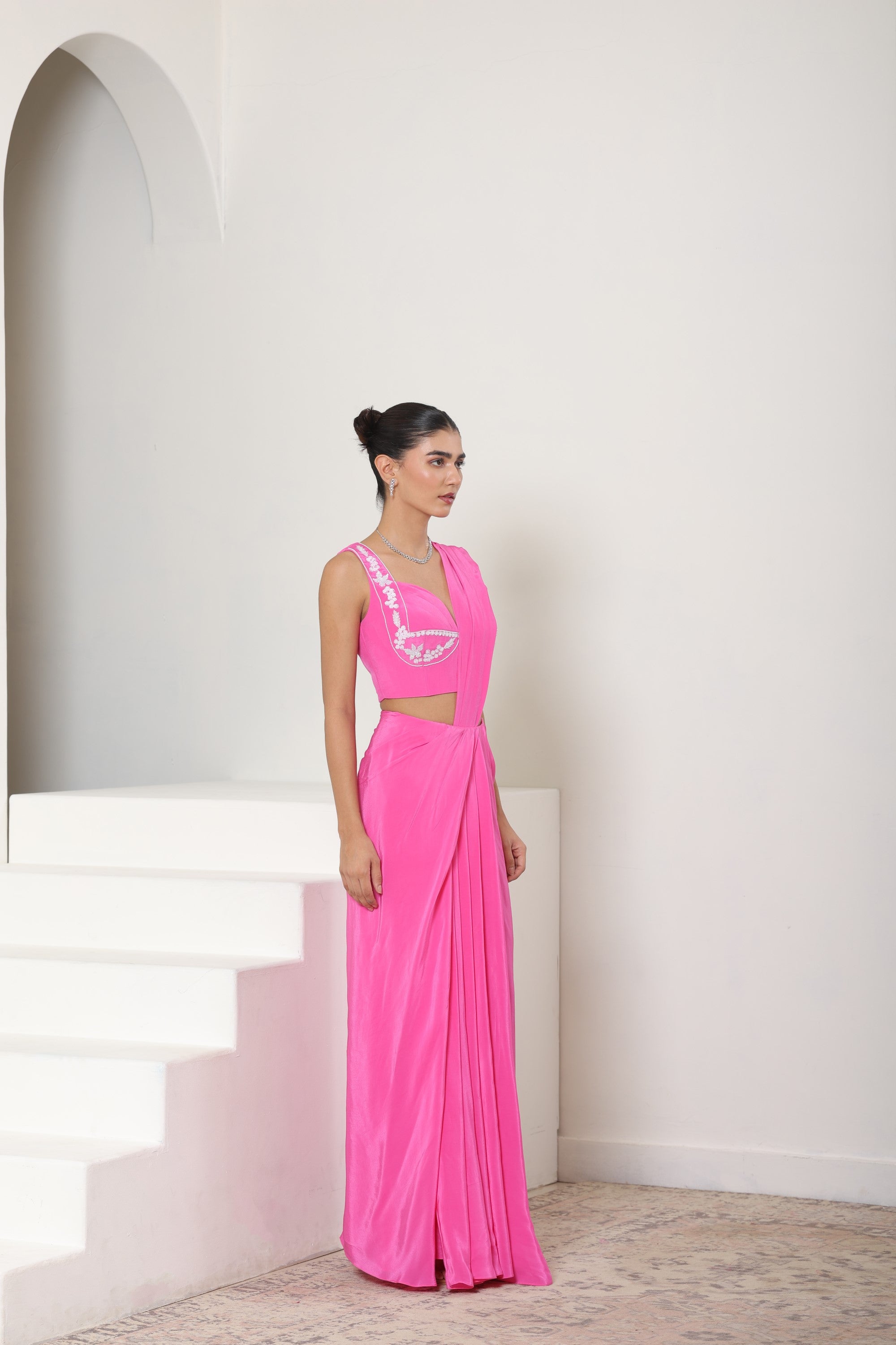 Pink Crepe Embroidered Saree - Premium Cocktail Wear