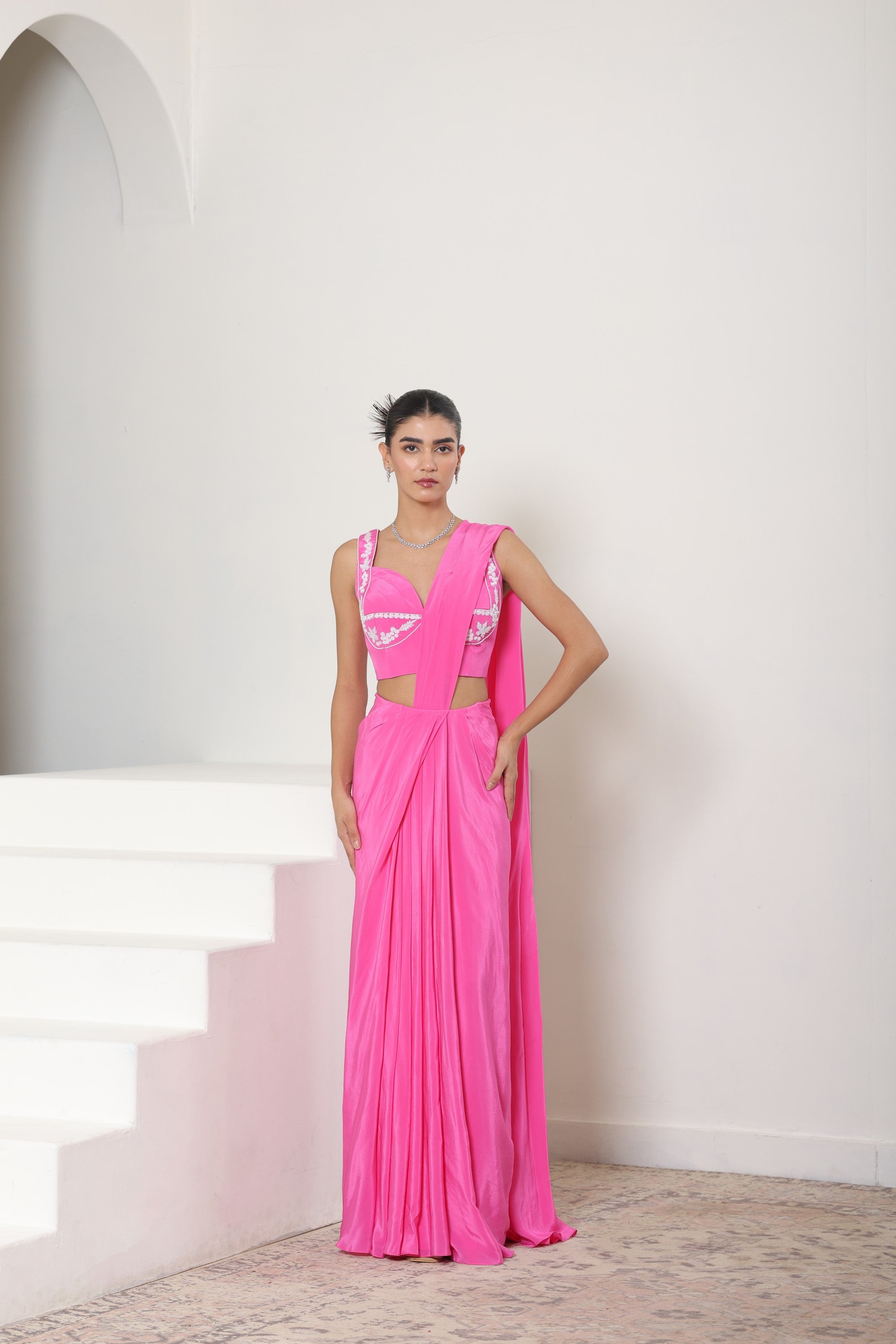 Pink Crepe Embroidered Saree - Premium Cocktail Wear