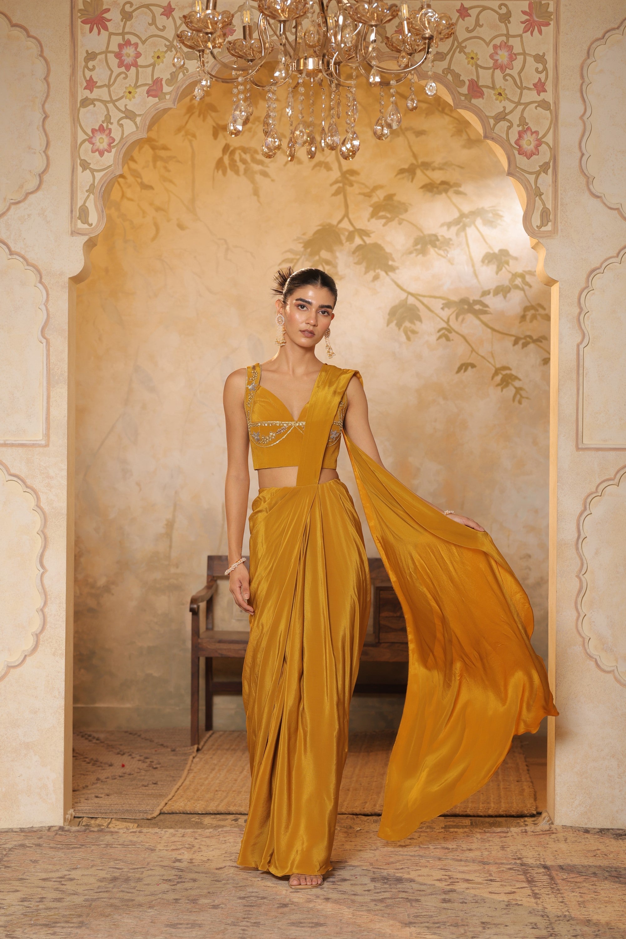 Golden Yellow Crepe Embroidered Saree - Elegant Haldi Wear