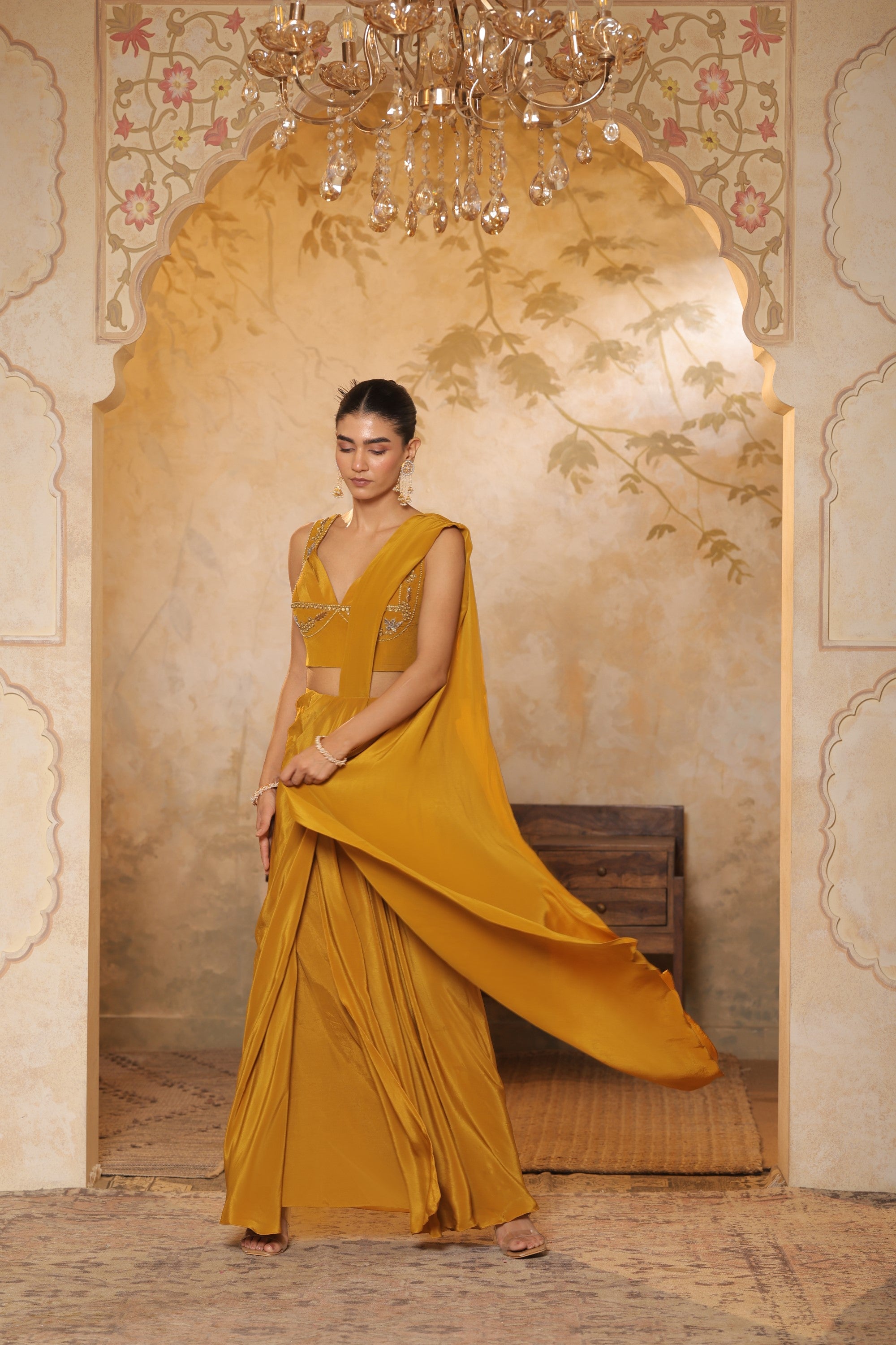Golden Yellow Crepe Embroidered Saree - Elegant Haldi Wear
