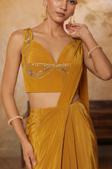 Golden Yellow Crepe Embroidered Saree - Elegant Haldi Wear