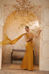 Golden Yellow Flat silk chiffon Embroidered Saree - Elegant Traditional Wear