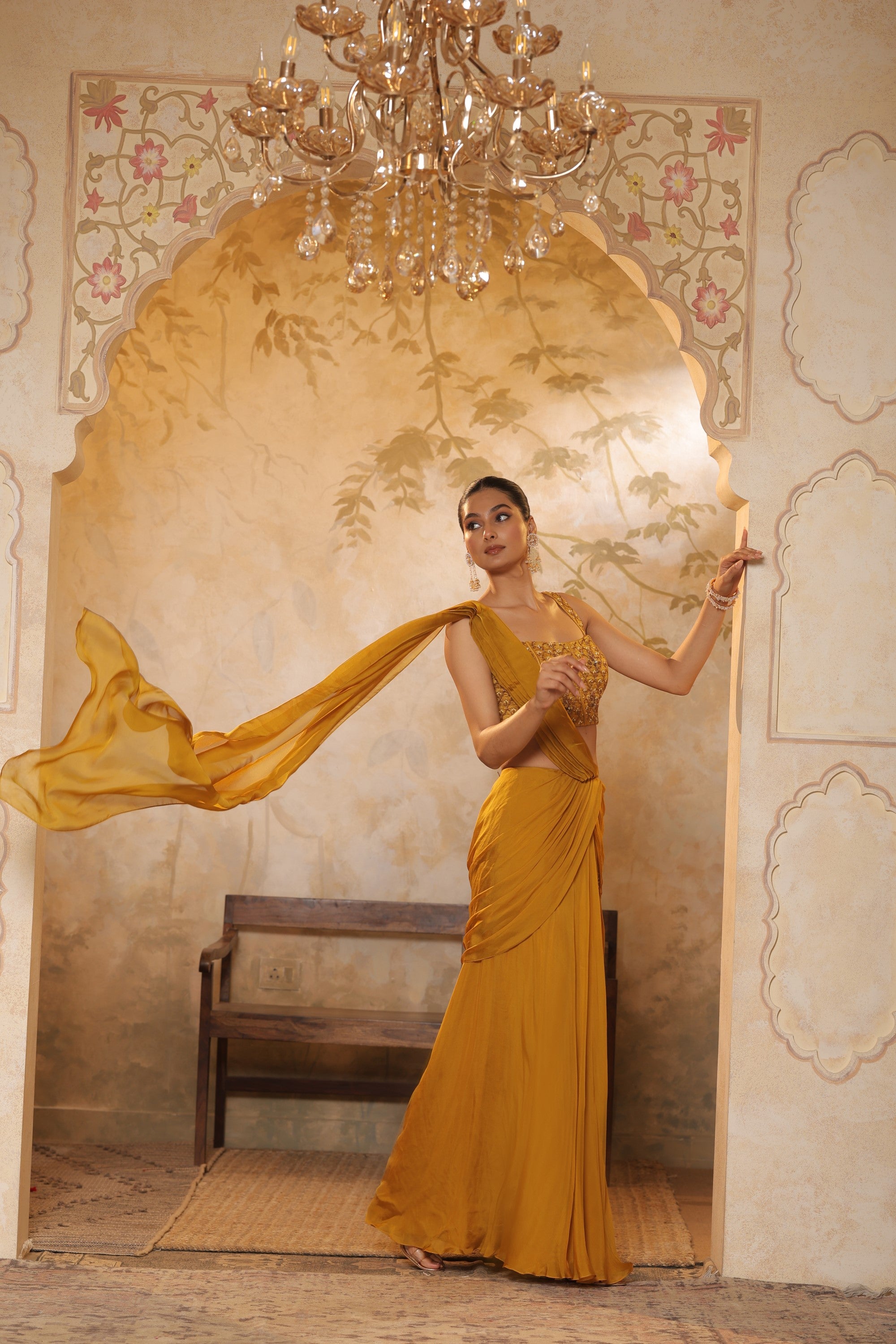 Golden Yellow Flat silk chiffon Embroidered Saree - Elegant Traditional Wear