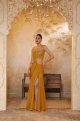 Golden Yellow Flat silk chiffon Embroidered Saree - Elegant Traditional Wear