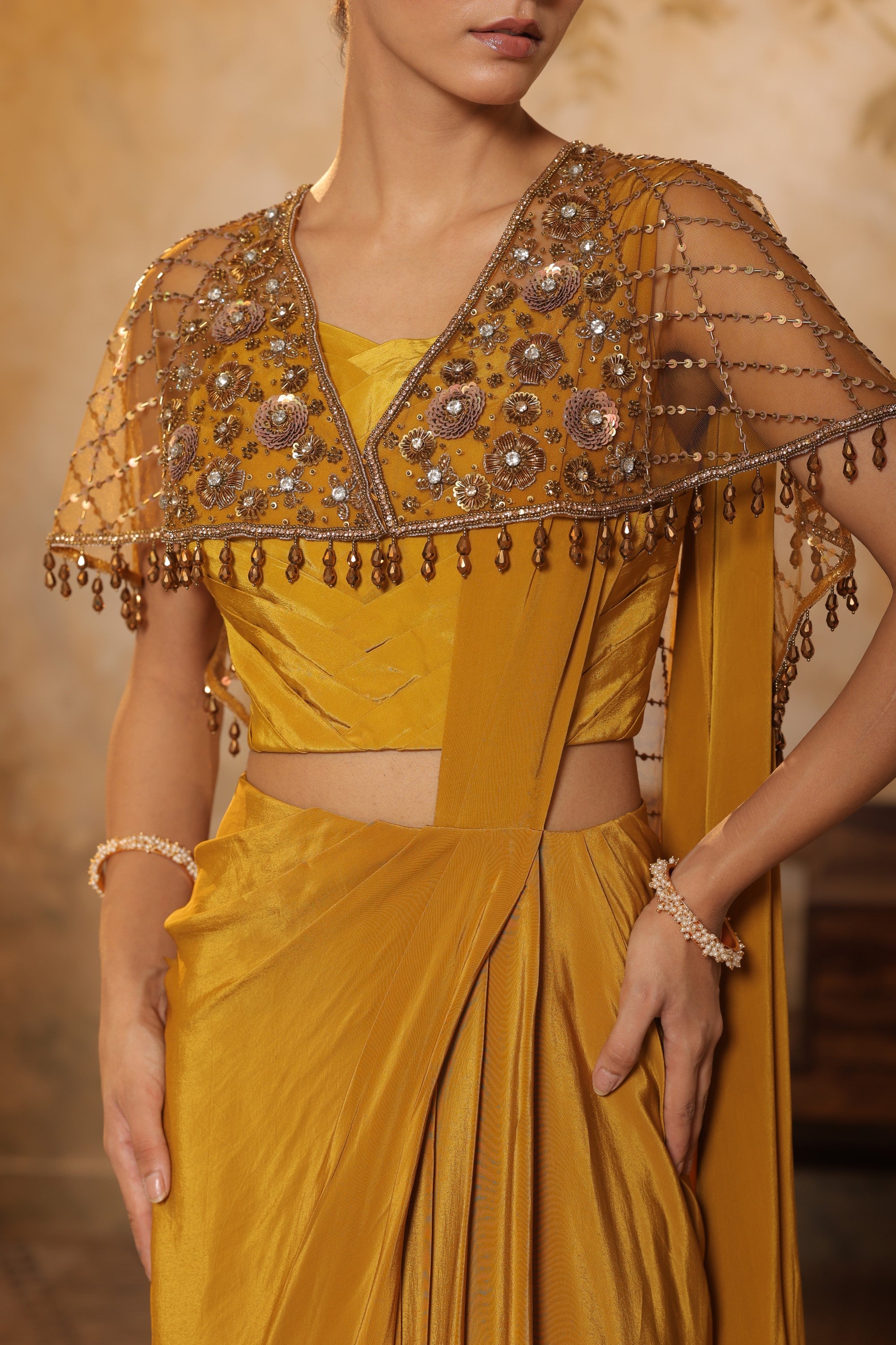 Golden Yellow Crepe Saree wih Embroidered Cape - Designer Reception Wear