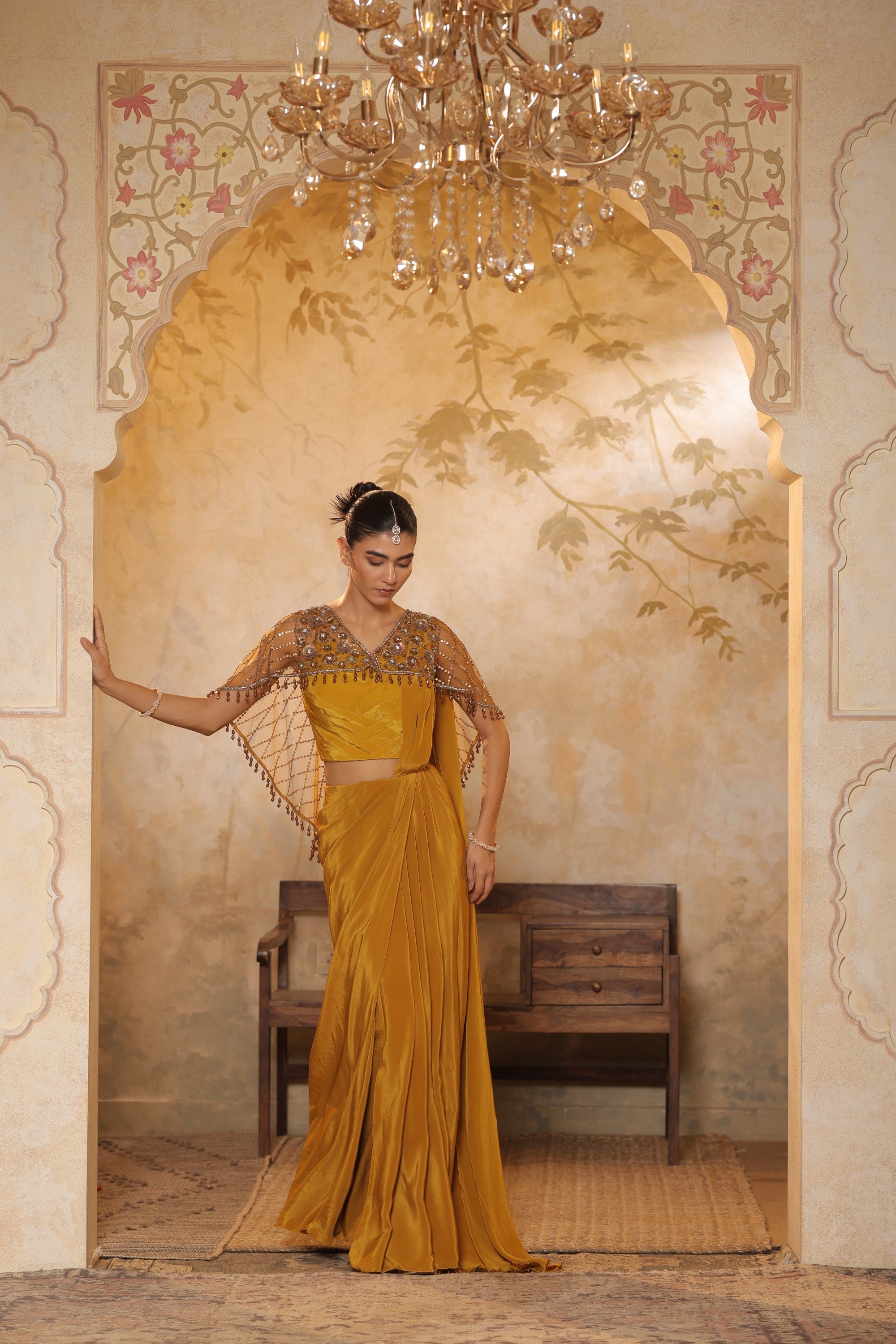 Golden Yellow Crepe Saree wih Embroidered Cape - Designer Reception Wear